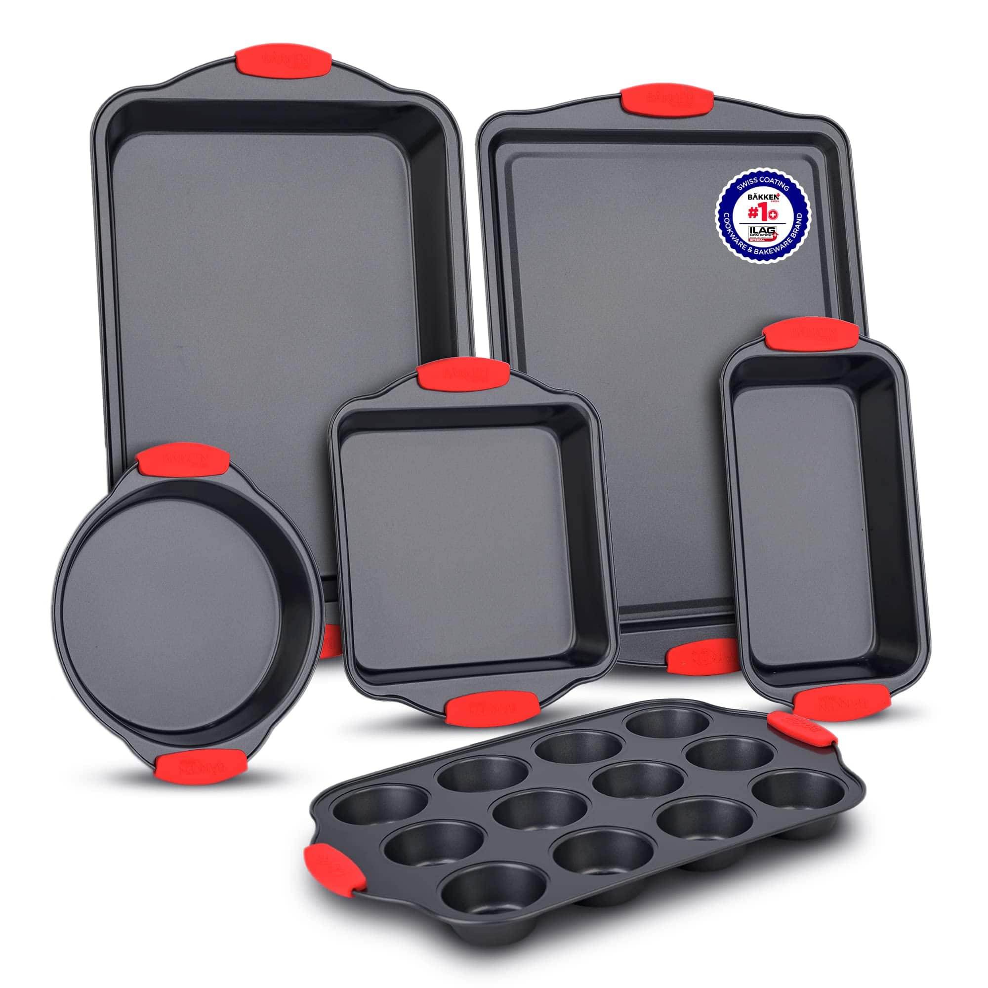 Bakken- Swiss - Baking Set – 6 Piece Kitchen Oven Bakeware Set – Deluxe Non-Stick Coating Inside and Outside – Carbon Steel – Red - Black