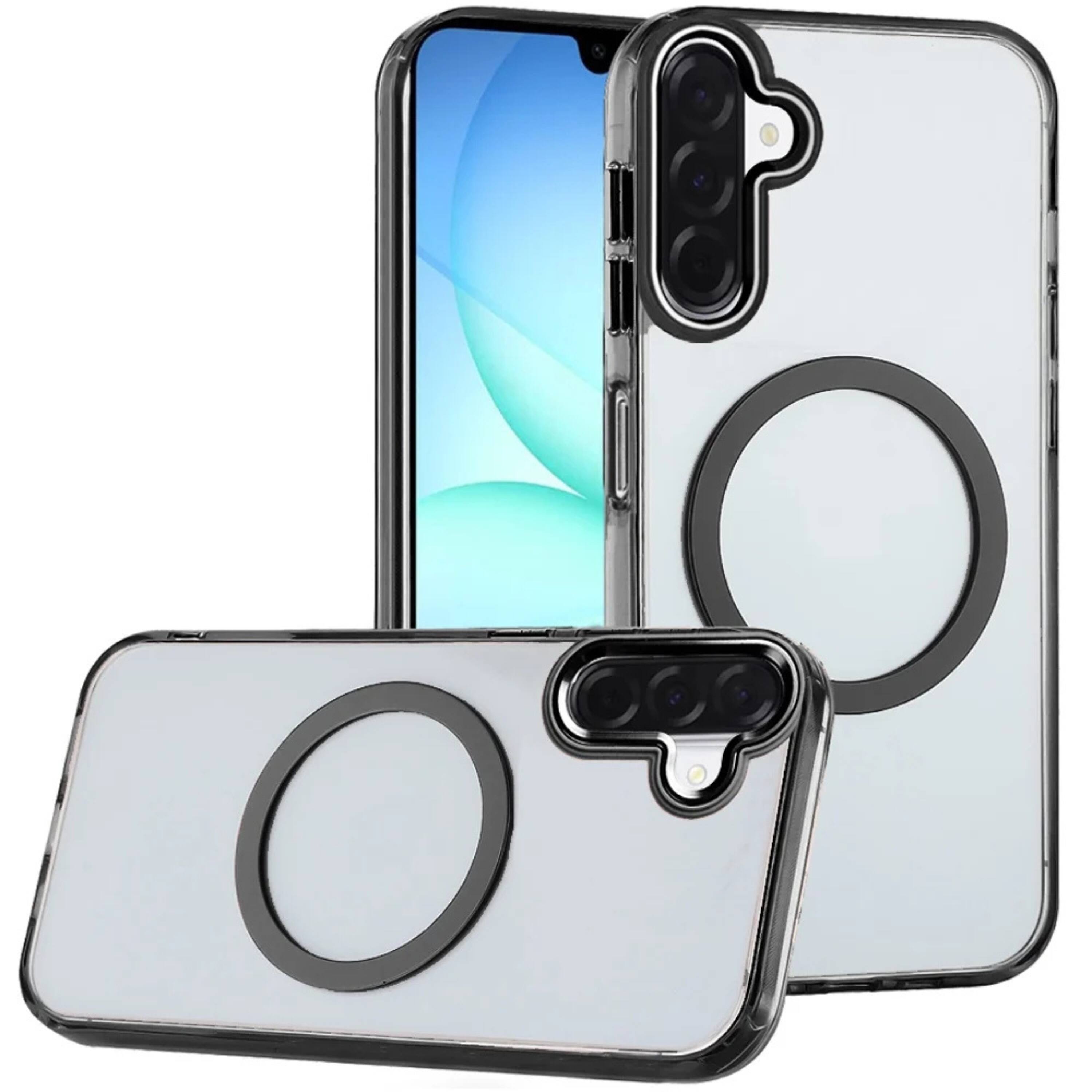 Front. Kitcheniva - Translucent Clear Metal Button Hybrid Phone Case With Tempered Glass For Samsung A17 5G Black - Black.