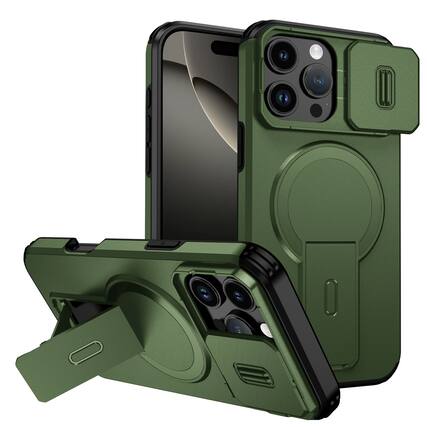 Front. Dteck - Magnetic Case for Apple iPhone 16 Pro Max with Sliding Camera Cover,Qi Wireless Charging,Rugged Stand Shockproof Shell - Green.