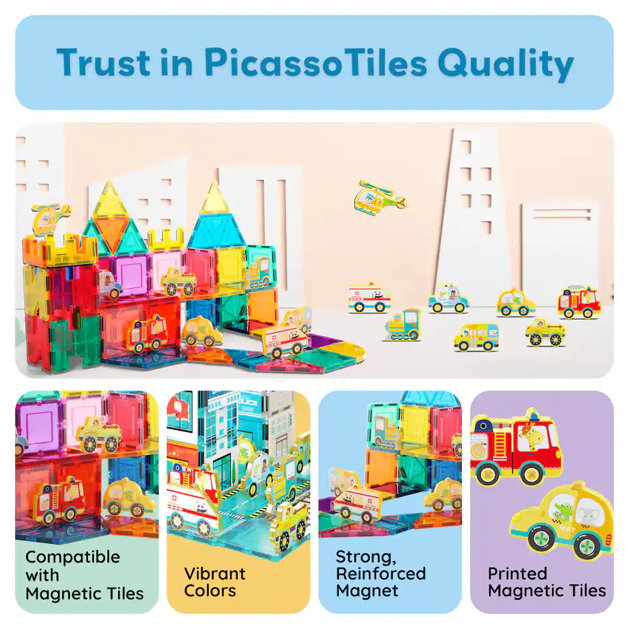 PicassoTiles PICASSO TILES Magnetic Tiles for Kids, Metro City Vehicles ...