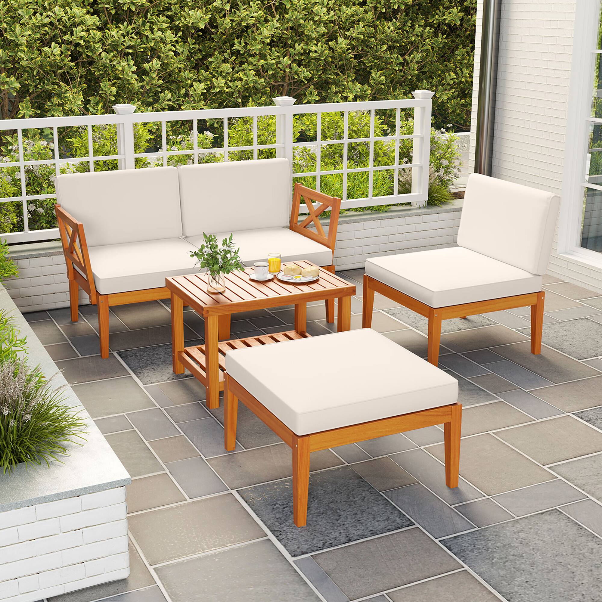 Alt View 4. Gymax - Gymax 5 PCS Acacia Wood Patio Furniture Set w/ 2-Tier Coffee Table and Cushions - Off White.