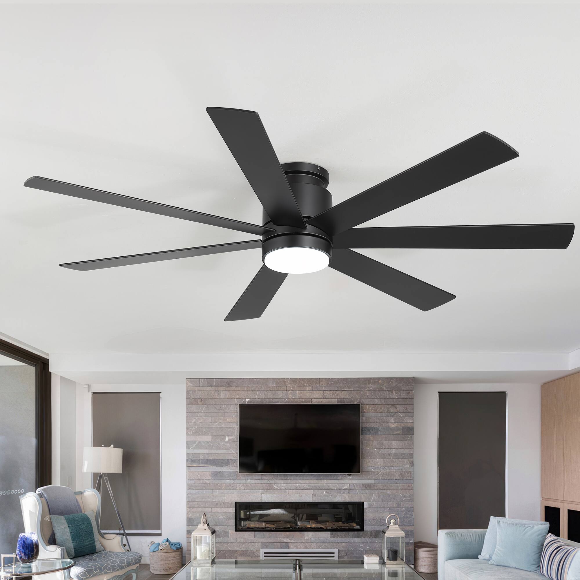 Angle. Breezary - 60-Inch Low Profile Ceiling Fan with LED Light, 7 Plywood Blades, DC Motor, 6-Speed Remote, Tri-Color Dimmable with Memo - Black Walnut.