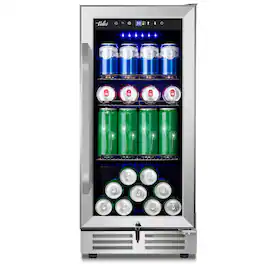 HOOURE - 15in. 127 Cans Beverage Fridge with Glass Door and Lock Under Counter Built-in or Freestanding for Beer/Soda/Water/Wine - Stainless Steel