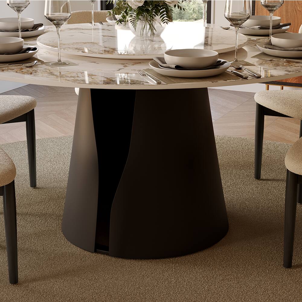 Alt View 6. POVISON - 59" Modern Round Dining Table for 6, Glossy Pandora Sintered Stone Round Dining Table, Solid Black Carbon Steel Base - Pandora & Black Steel Base.