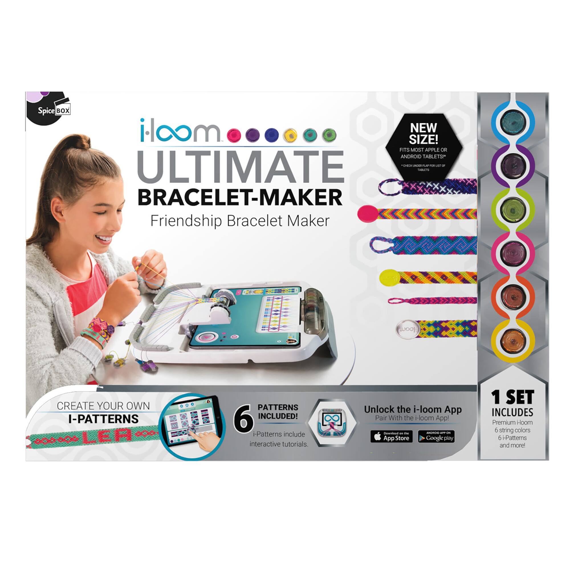 Ultimate Bracelet-Maker Friendship Bracelet Maker SJ0OF CREATE YOUR OWN I-PATTERNS - 6 INCLUDED! - Patterns include interactive tutorials. Unlock the i-loom App Pair With the Hoom App. 1 SET INCLUDES Premium Hoom string colors 6 Patterns and more.