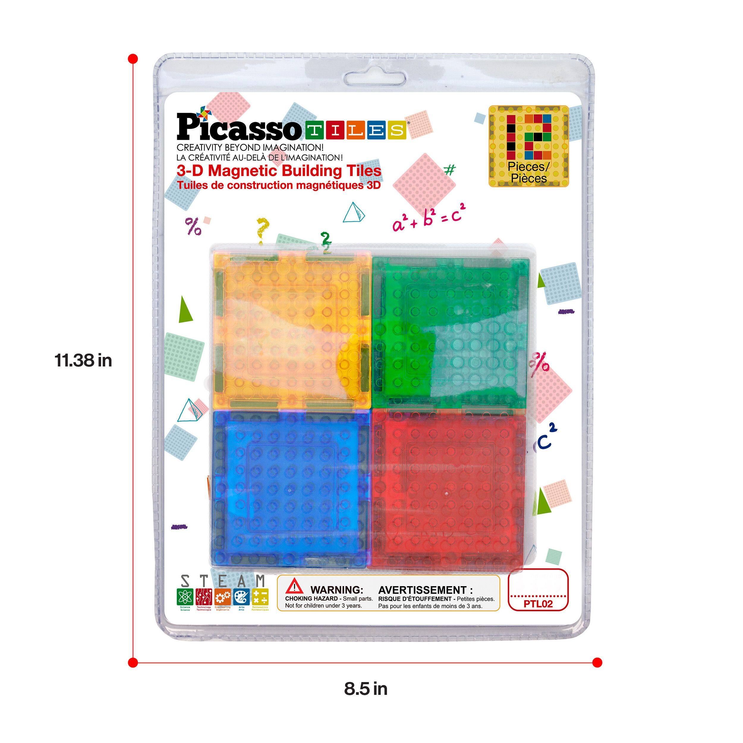 Picasso TILES  
CREATIVITY BEYOND IMAGINATION!  
LA CRÉATIVITÉ AU-DELÀ DE L'IMAGINATION!  

3-D Magnetic Building Tiles  
Tuiles de construction magnétiques 3D  

Pieces / Pièces  

WARNING: CHOKING HAZARD - Small parts. Not for children under 3 years.  
AVERTISSEMENT: RISQUE DE SOUFFLEMENT - Petites pièces. Pas pour les enfants de moins de 3 ans.  

PTL02  

11.38 in  
8.5 in