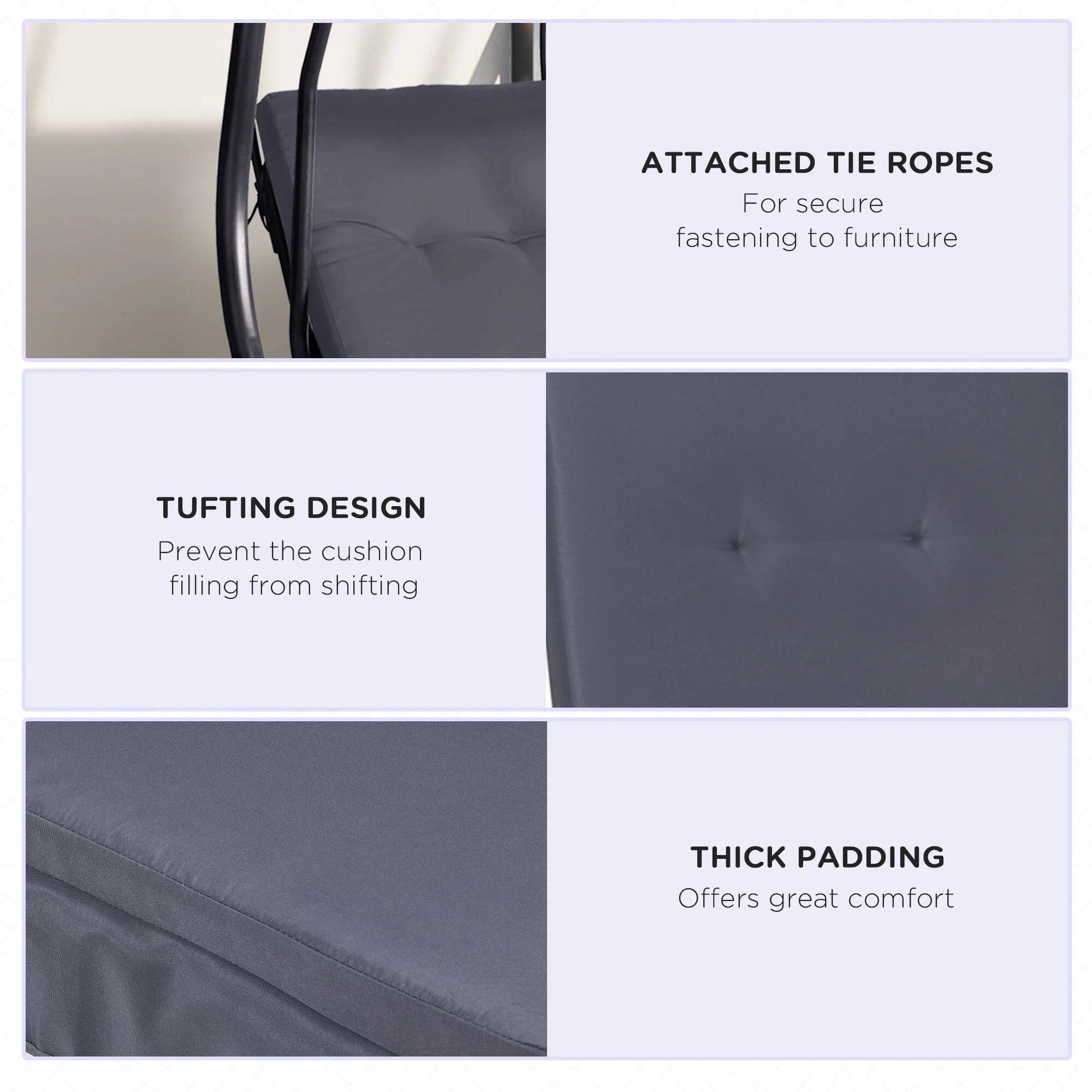 Here is the corrected and grouped text:

- **Attached Tie Ropes**: For secure fastening to furniture.
- **Tufting Design**: Prevents the cushion filling from shifting.
- **Thick Padding**: Offers great comfort.