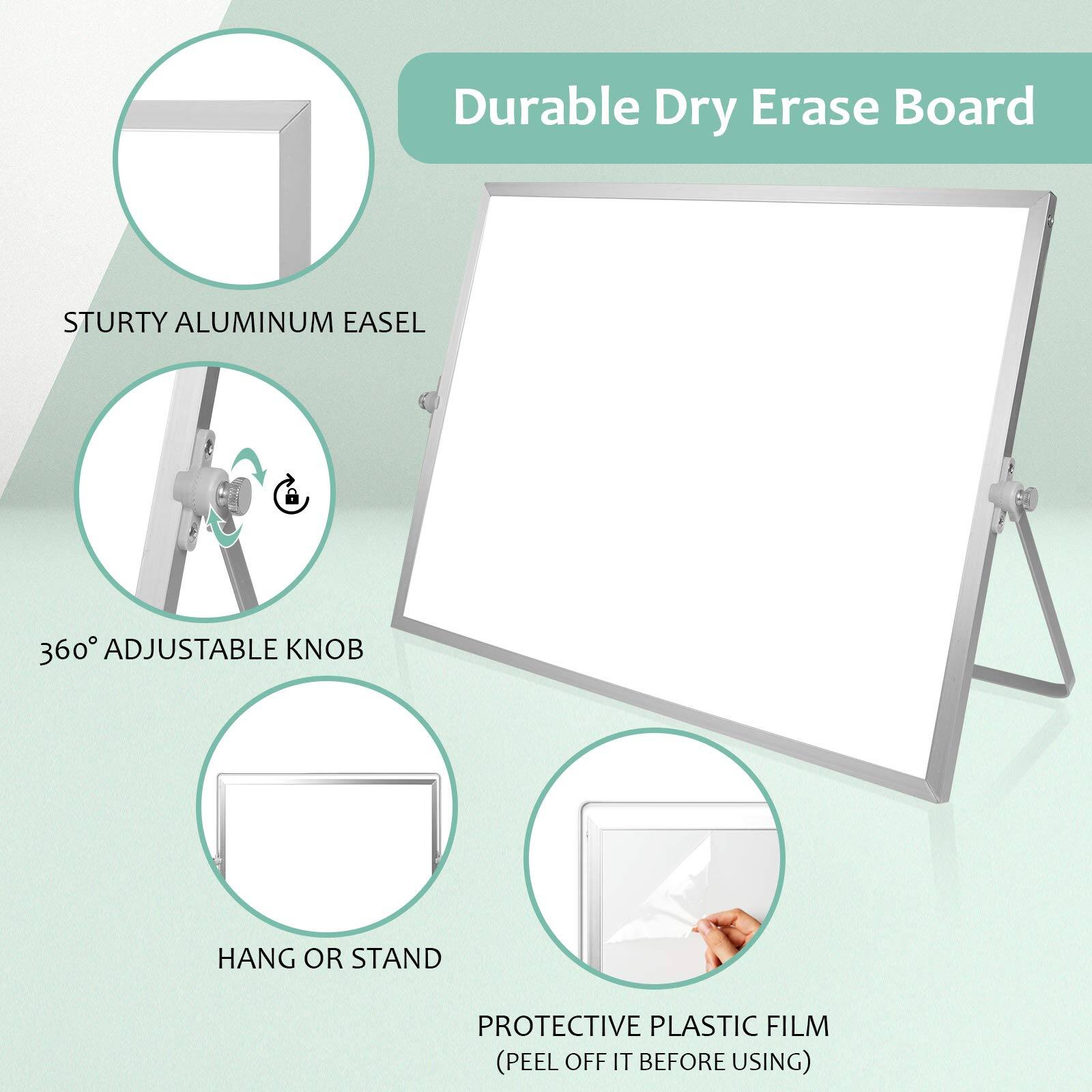 Durable Dry Erase Board

- STURDY ALUMINUM EASEL
- 360° ADJUSTABLE KNOB
- HANG OR STAND
- PROTECTIVE PLASTIC FILM (PEEL OFF IT BEFORE USING)