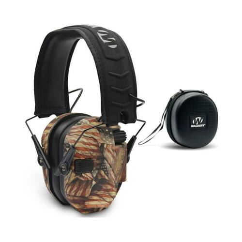 Angle. Walkers - Walker’s Razor Slim Electronic Shooting Muff (American Flag) with Case - Brown.