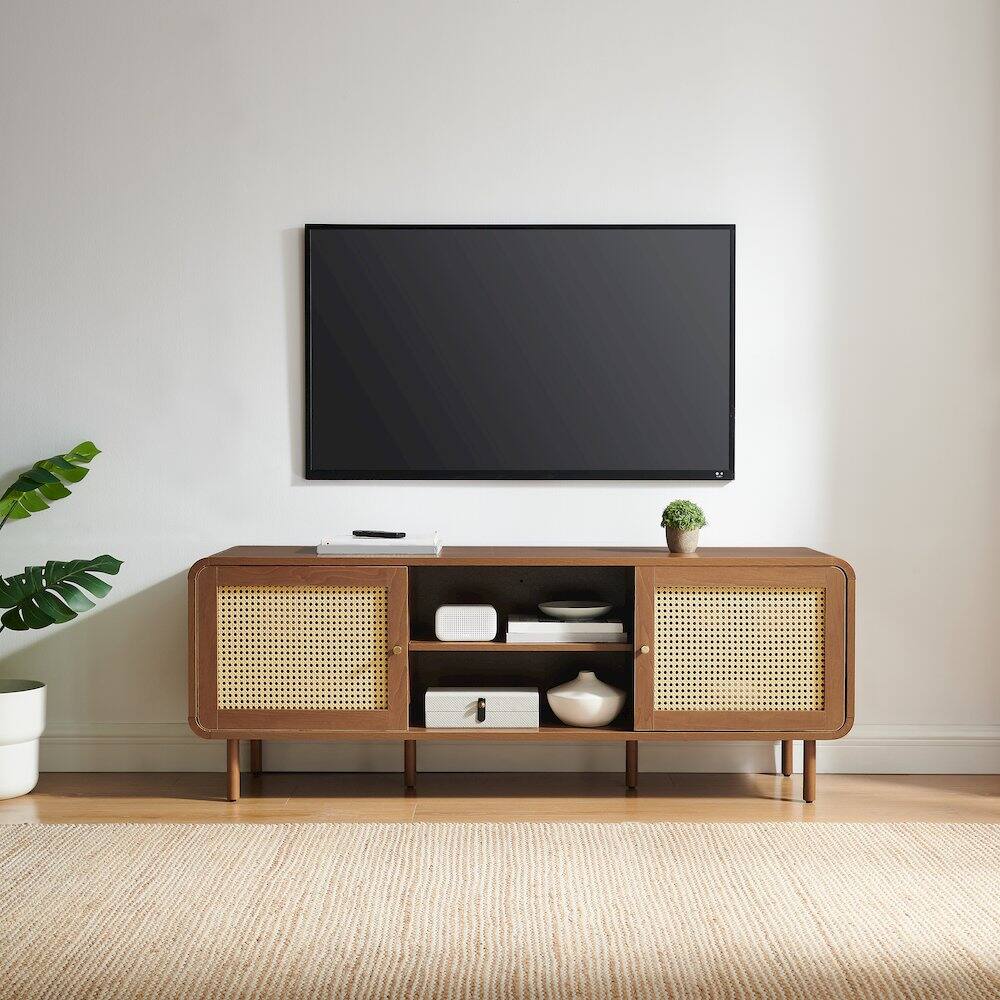 Alt View 4. Crosley Furniture - Nora Modern Record Player Cabinet With Vinyl Storage, Rattan Turntable Stand - Gray.