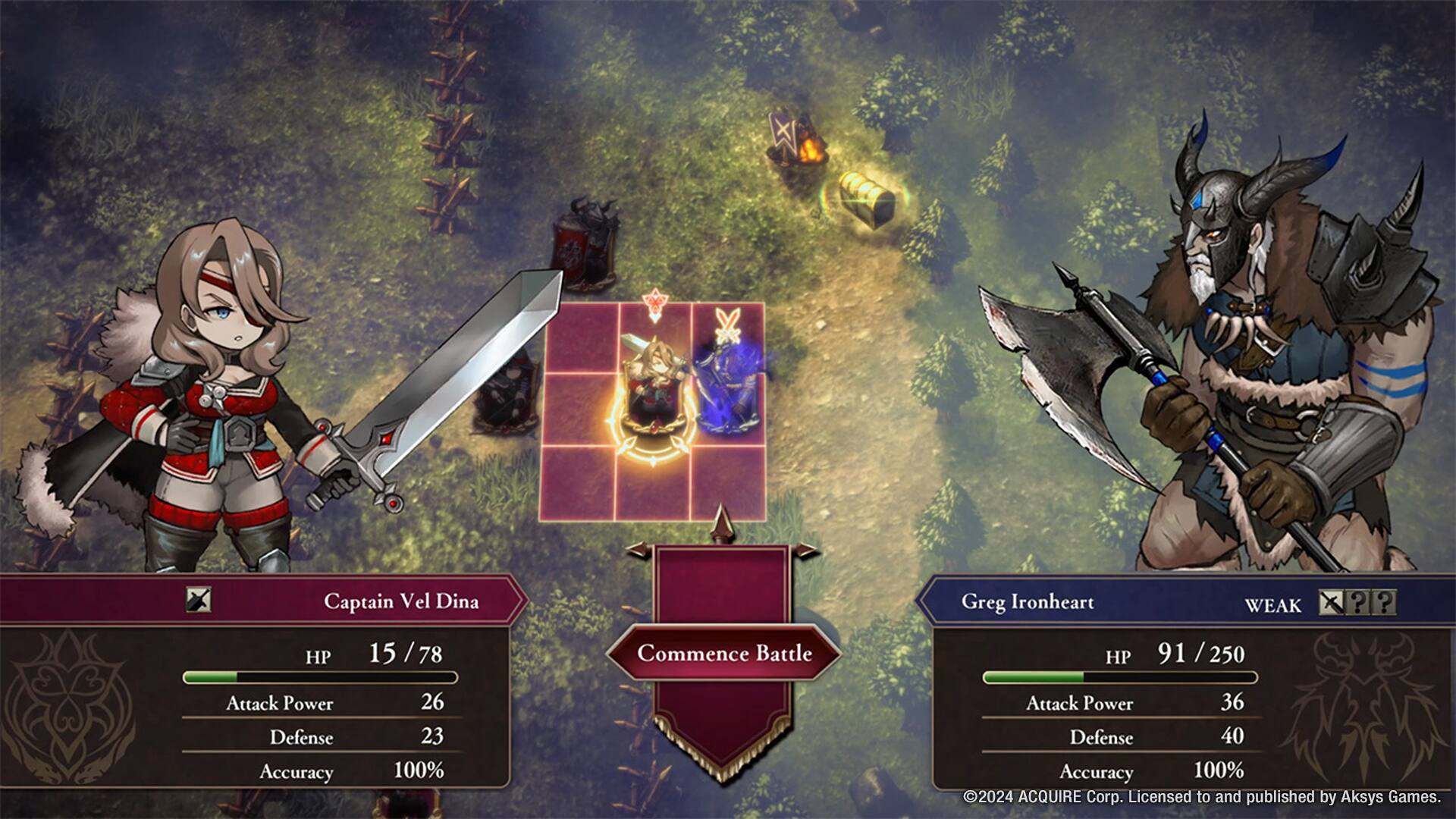 Captain Vel Dina  
HP 15/78  
Attack Power 26  
Defense 23  
Accuracy 100%  

Greg Ironheart  
WEAK  
HP 91/250  
Attack Power 36  
Defense 40  
Accuracy 100%  

Commence Battle  

©2024 ACQUIRE Corp. Licensed to and published by Aksys Games.