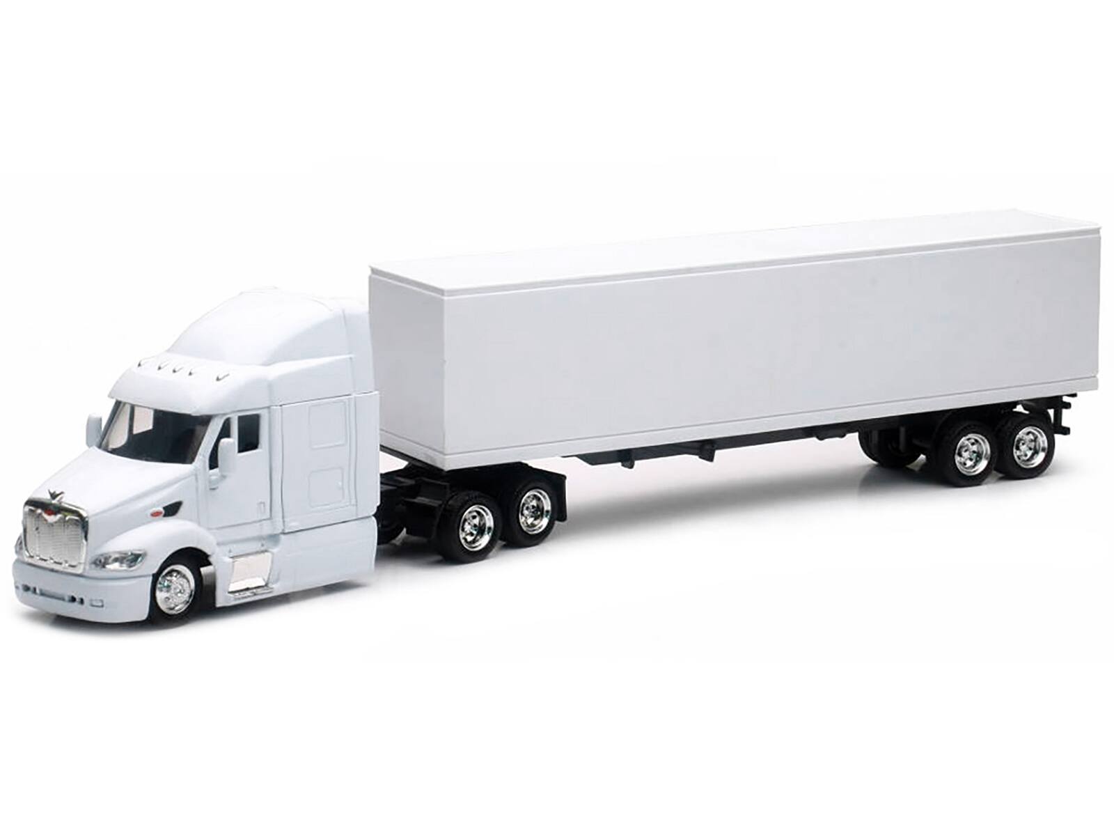 Angle. New Ray - Peterbilt 387 Truck with Dry Goods Trailer White "Long Haul Trucker" Series 1/43 Diecast Model by New Ray - White.