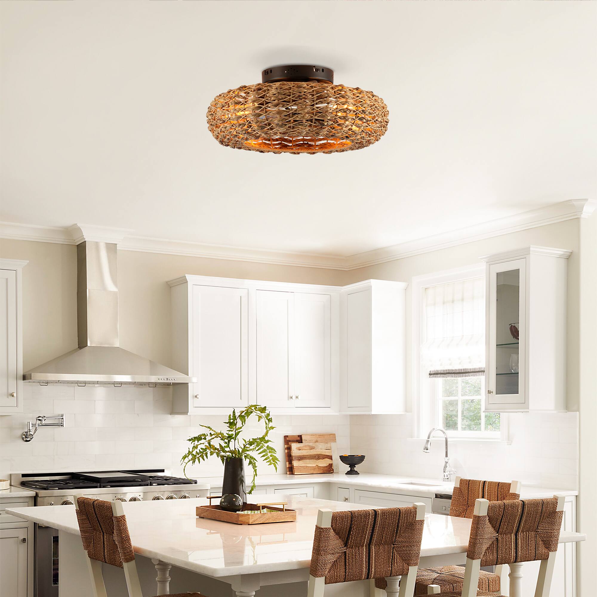 Alt View 7. Sofucor - 20" Rustic Caged Ceiling Fan with Light and Remote Boho Handwoven Flush Mount Fandelier fr Farmhouse Bedroom Living Room - Black & Bamboo.