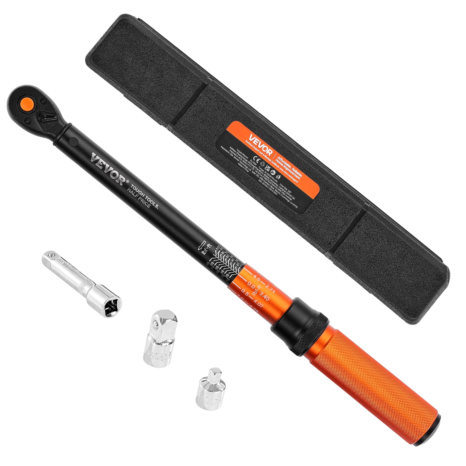 VEVOR - Click Torque Wrench, 3/8 Inch Drive, 10-100 lbf-ft / 13.6-135.6 N.m, Dual-direction Torque Wrench with Dual Range Scales - Orange
