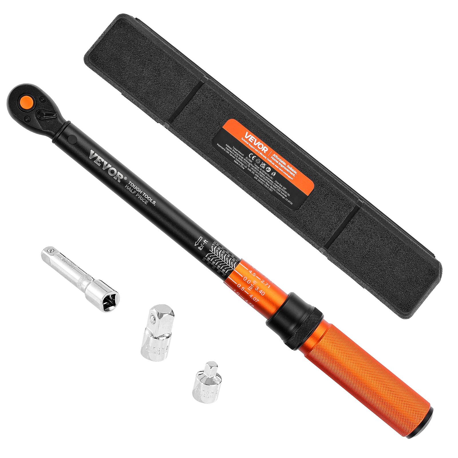 VEVOR - Click Torque Wrench, 3/8 Inch Drive, 10-100 lbf-ft / 13.6-135.6 N.m, Dual-direction Torque Wrench with Dual Range Scales - Orange