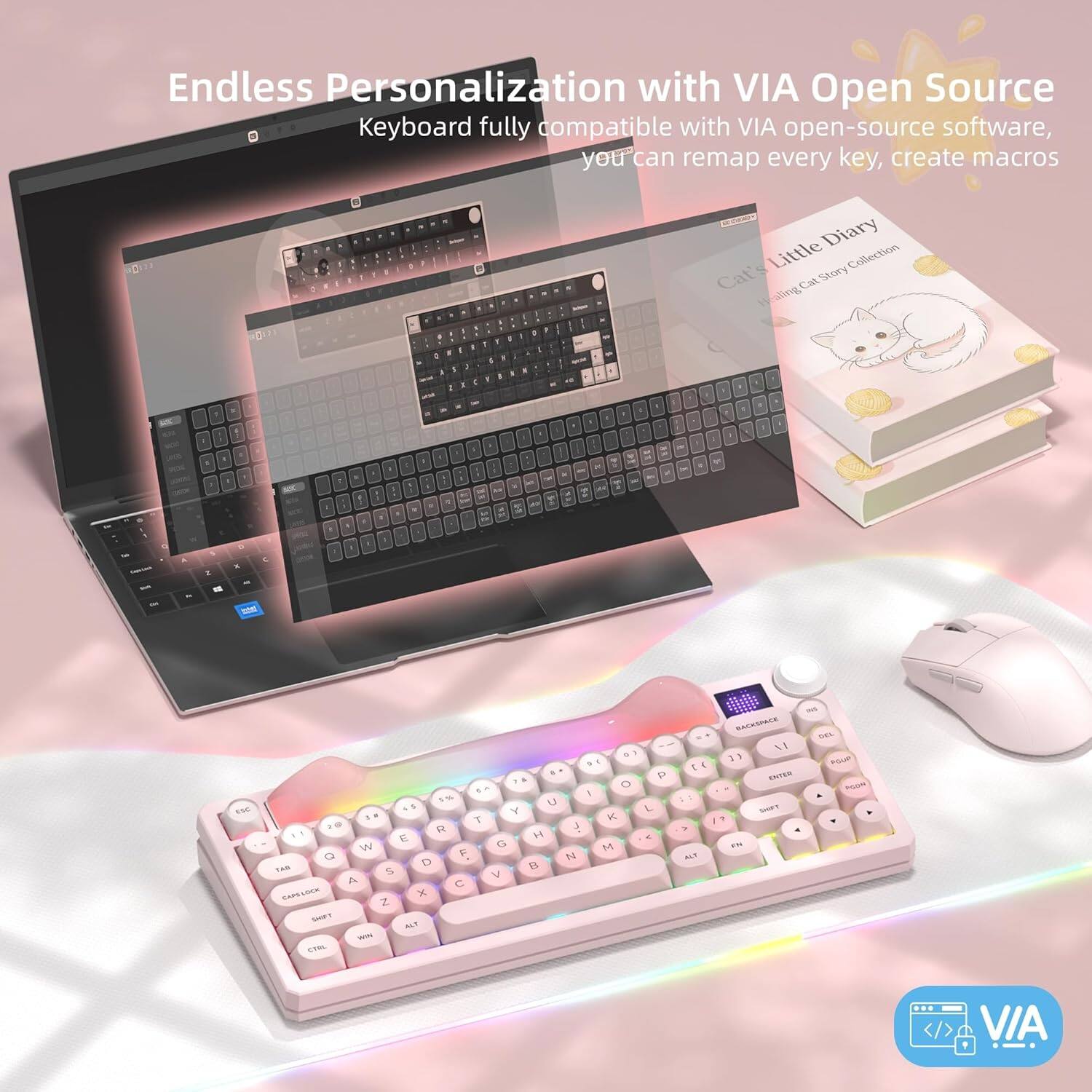 Endless Personalization with VIA Open Source Keyboard fully compatible with VIA open-source software, you can remap every key, create macros

Little Diary Collection: Cat's at Story Cat Healing

x 5% - - h : K III ESC 1 1% U +2 Y T 26 R E H W G Q F D B THE S V A C CAPSLOCK x Z DOT ALT WIN

02 P O L K M ) ; ALT RACKSPACE DEL 1) PSUP ENTER FOOM SHIFT FN

VIA