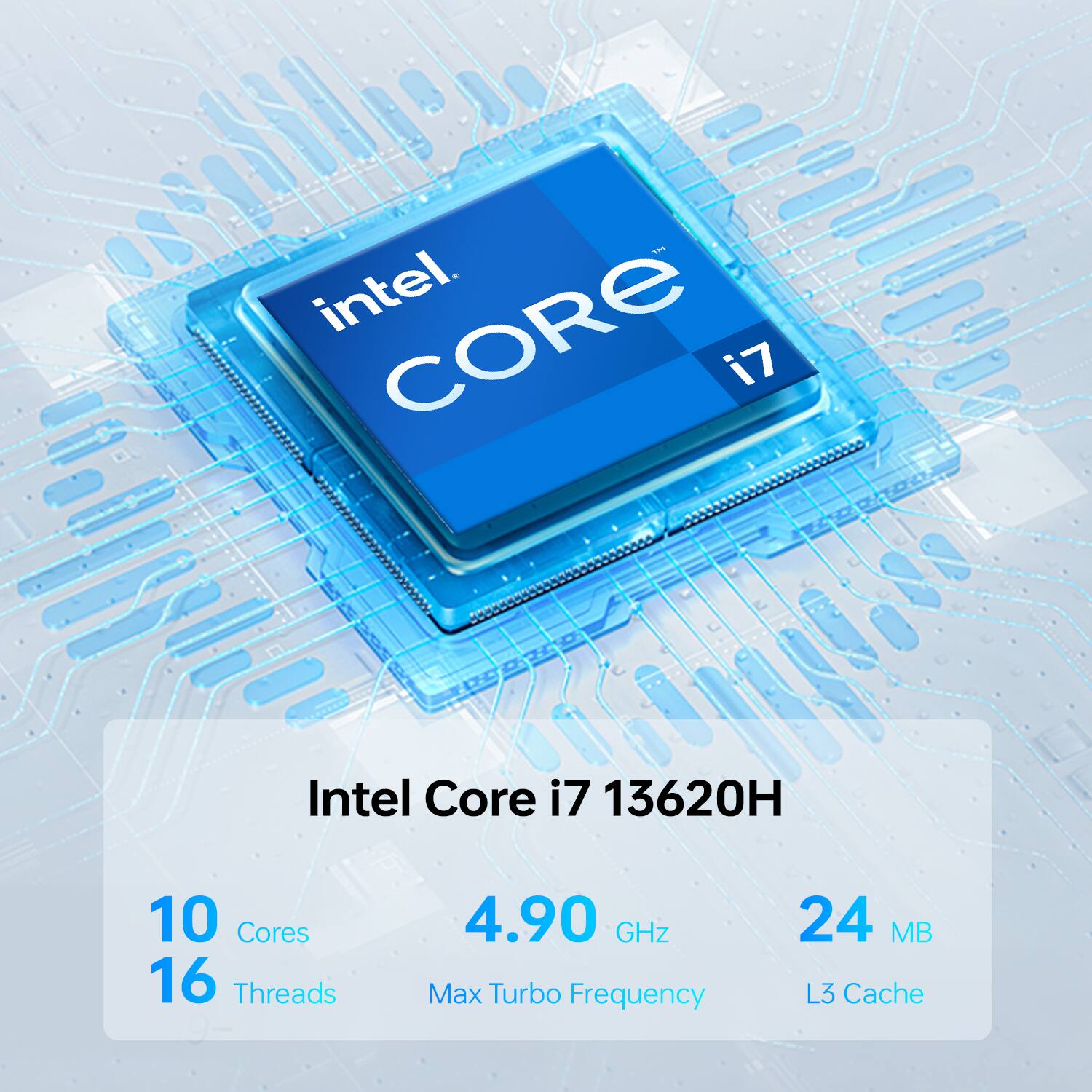 Intel Core i7 13620H  
10 Cores  
16 Threads  
4.90 GHz Max Turbo Frequency  
24 MB L3 Cache