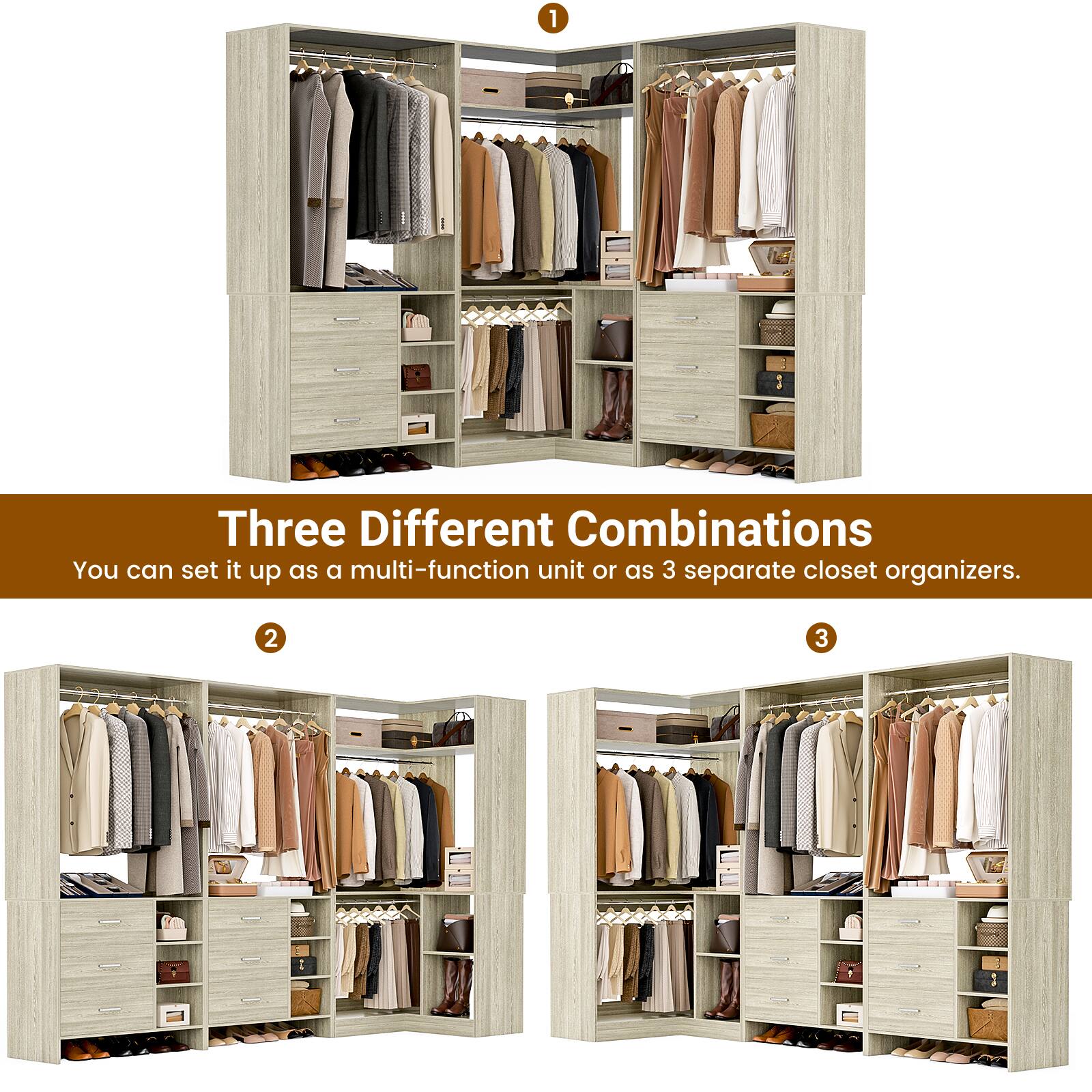 Three Different Combinations

You can set it up as a multi-function unit or as 3 separate closet organizers.