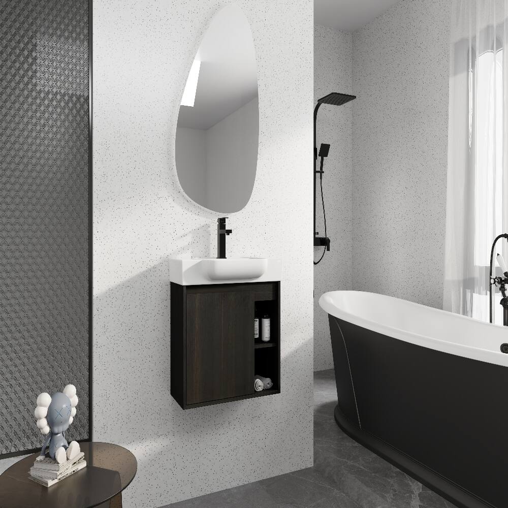 Back. Loheer - Loheer 24 inch wall mounted bathroom vanity dark oak floating vanity with white ceramic sink - Dark Oak.