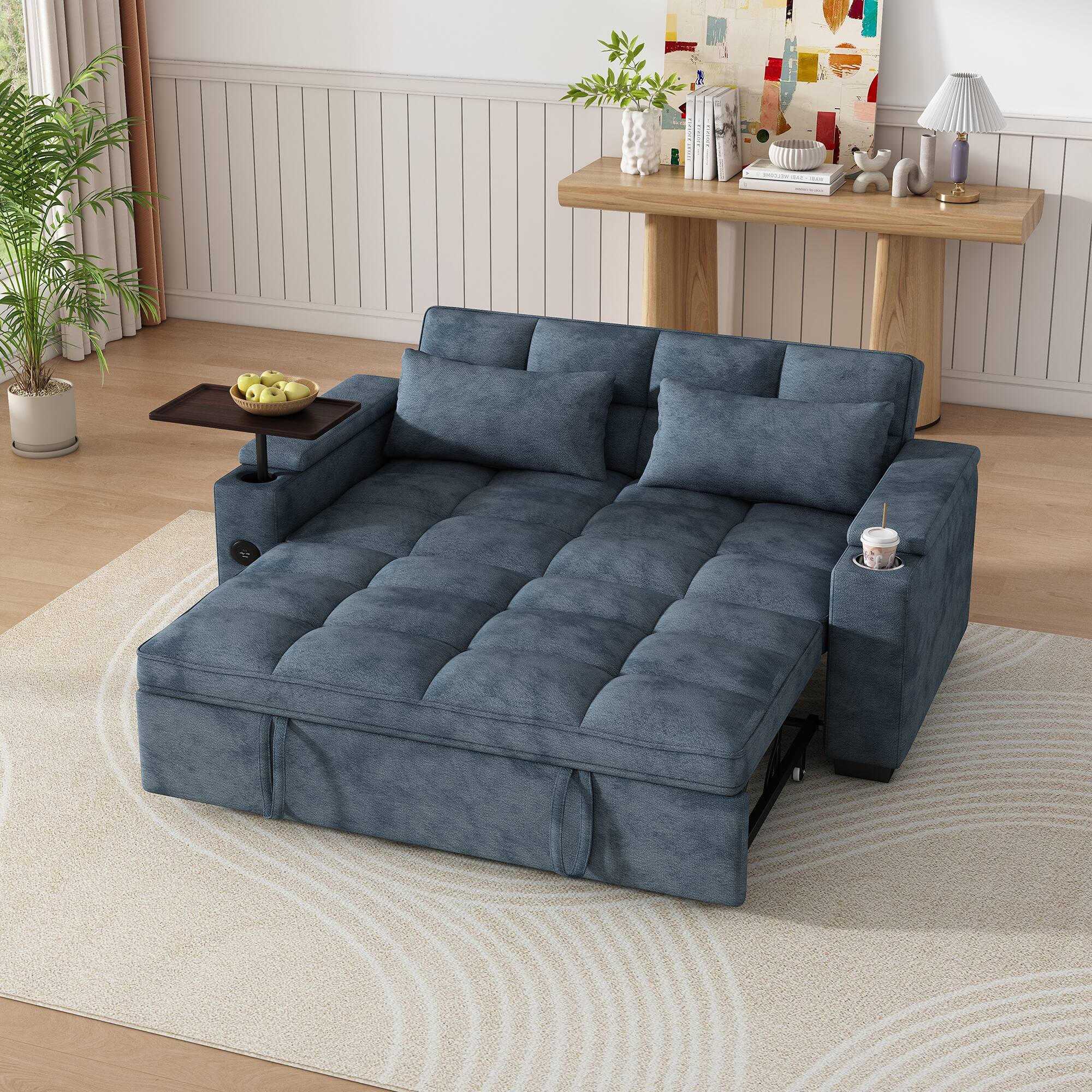 Alt View 2. Anysun - 65" 3-in-1 Chenille Convertible Sofa Bed - Pullout Design with 90° Swivel Table, Easy Assembly for Living Room - Blue.