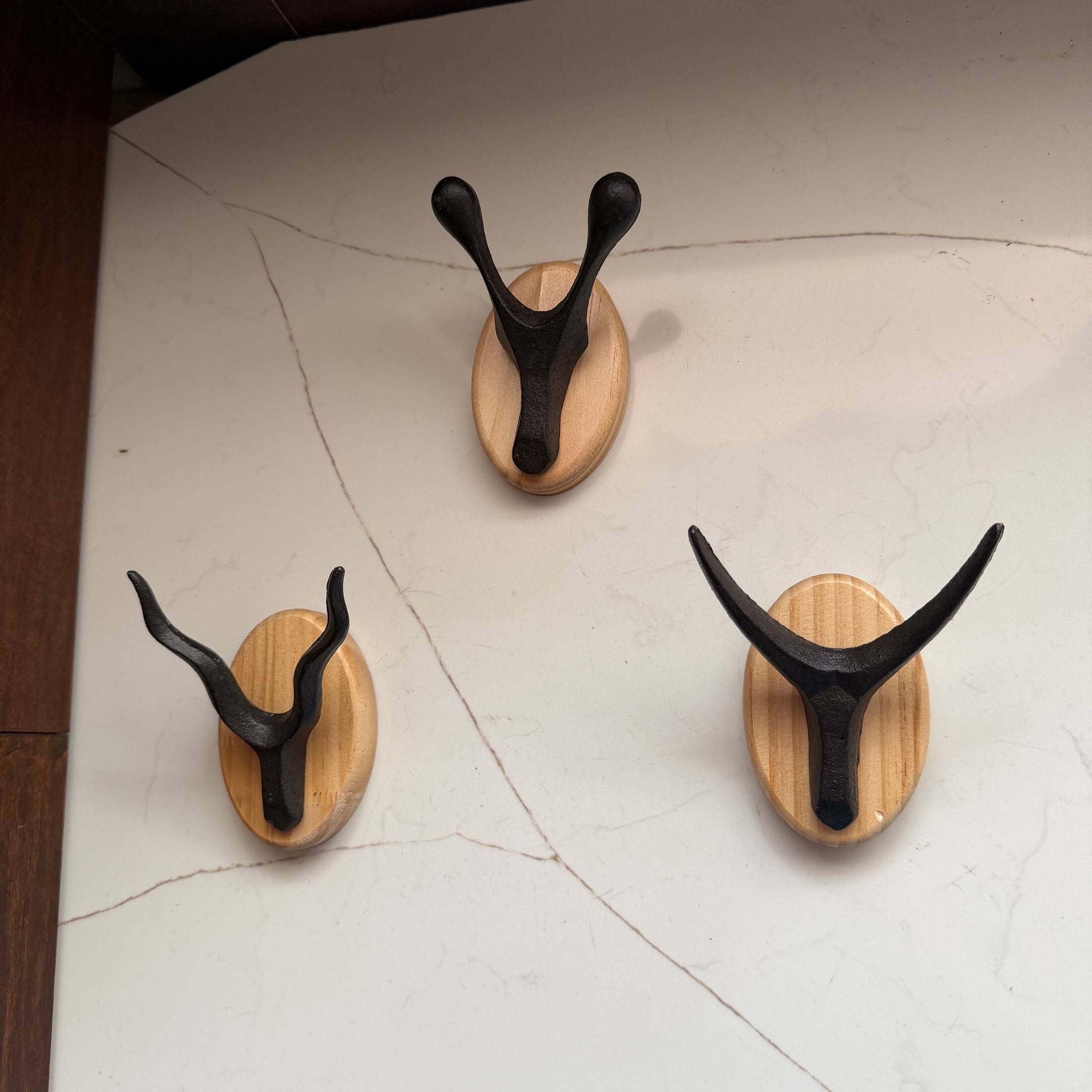 Alt View 3. Zeckos - Cast Iron Antler Wall Hook Set of 3 with Wood Backs Dark Brown 3.5 Inch - Dark Brown.