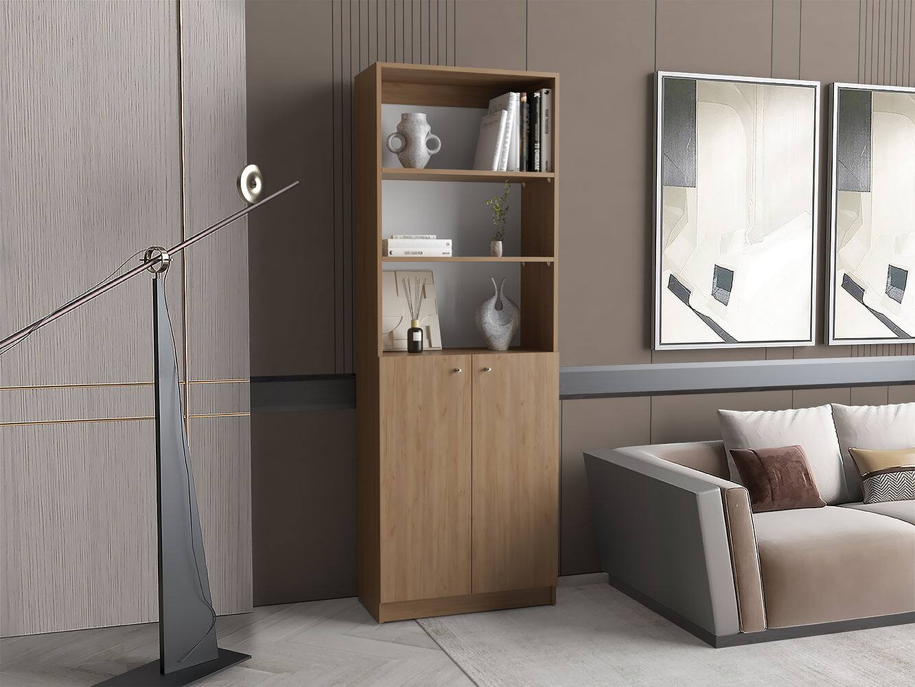 Front. Depot Eshop - Vinton 2-Door Bookcase with Upper Shelves - Natural Oak / White.