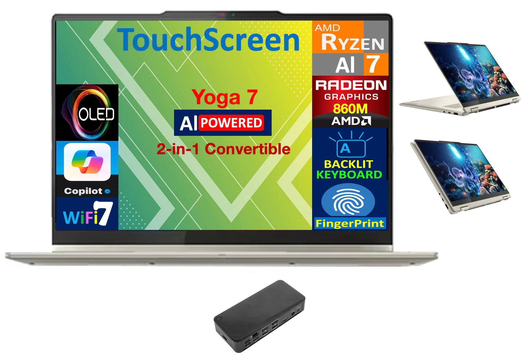 AMD TouchScreen RYZEN 7 RADEON Yoga 7 GRAPHICS 860M OLED AI POWERED 2-in-1 Convertible A + BACKLIT KEYBOARD Copilot WiFi 7 FingerPrint