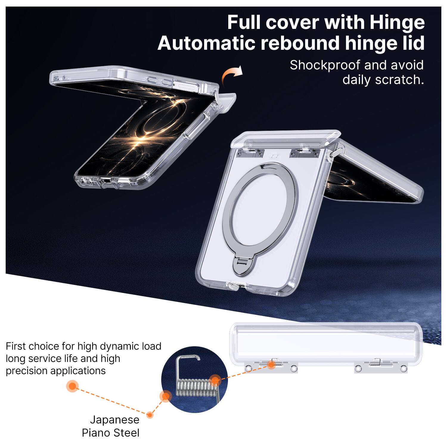 Full cover with Hinge Automatic rebound hinge lid  
Shockproof and avoid daily scratch.  

First choice for high dynamic load long service life and high precision applications  
Japanese Piano Steel