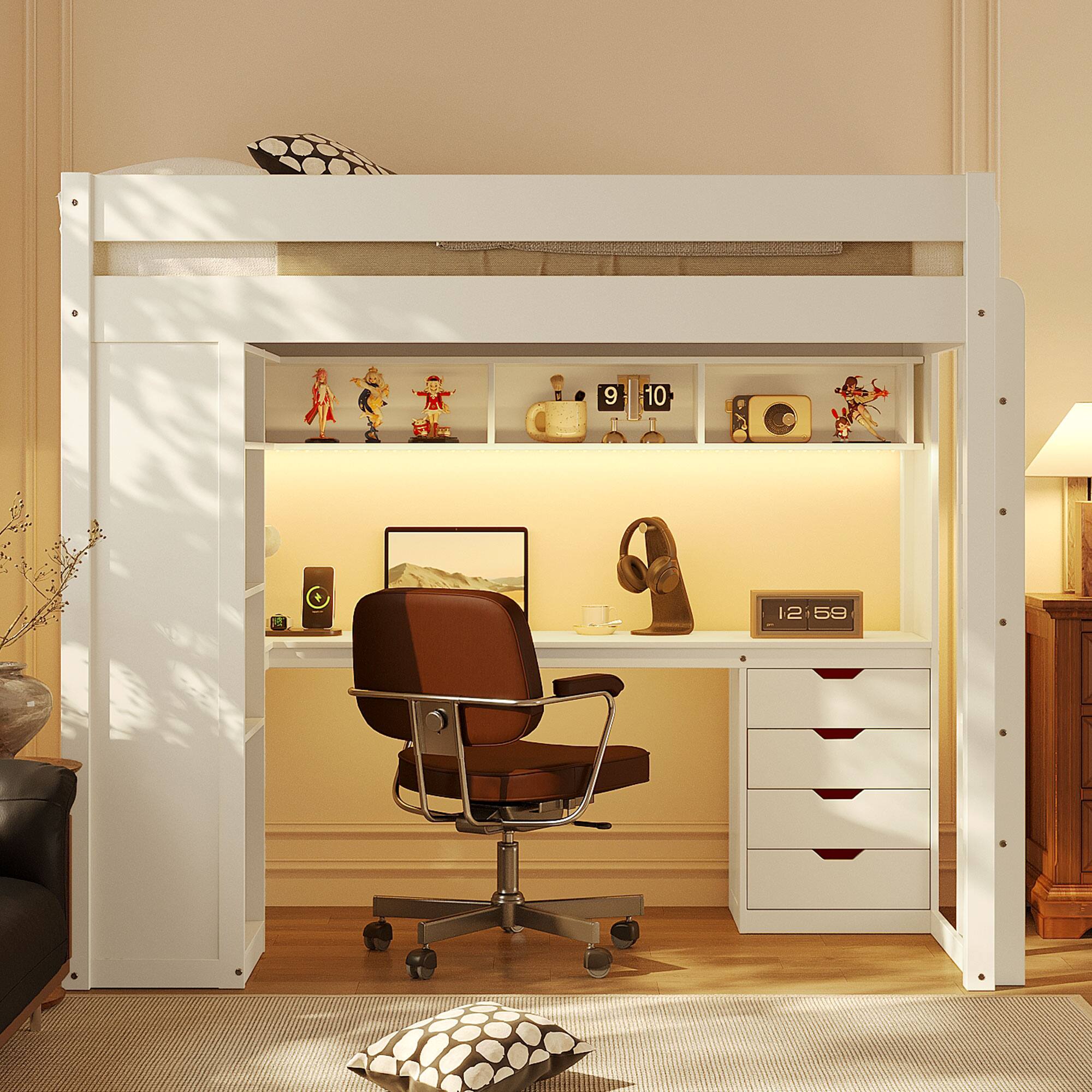 Angle. Anysun - Twin Solid Wood Loft Bed with L-Shaped Desk & 4 Drawers - App-Controlled RGB Lights, USB Ports & 4-Tier Shelves - White.
