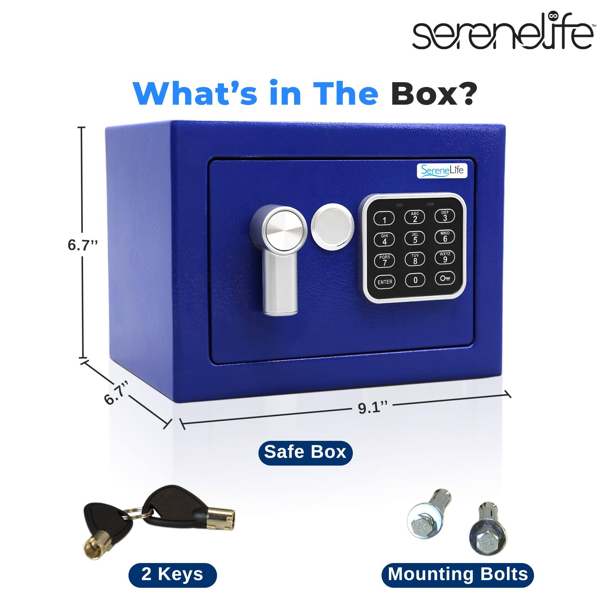 serenelife What's in The Box? SereneLife Life 1 ADL 2 DEF 3 6.7" an 4 FORS 7 J 5 TOR 8 SNG 5 RIN  ENTER 0 Om 6.7" 6 9.1" Safe Box 2 Keys Mounting Bolts