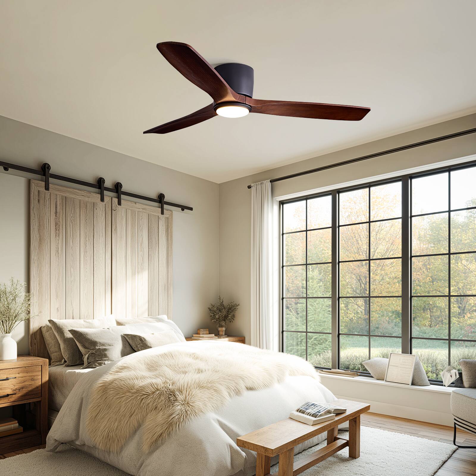 Left. Siljoy - 52 Inch Dark Wood Grain 3-Blade Flush Mount LED Ceiling Fan for Living Room Bedroom and Kitchen - Brown.