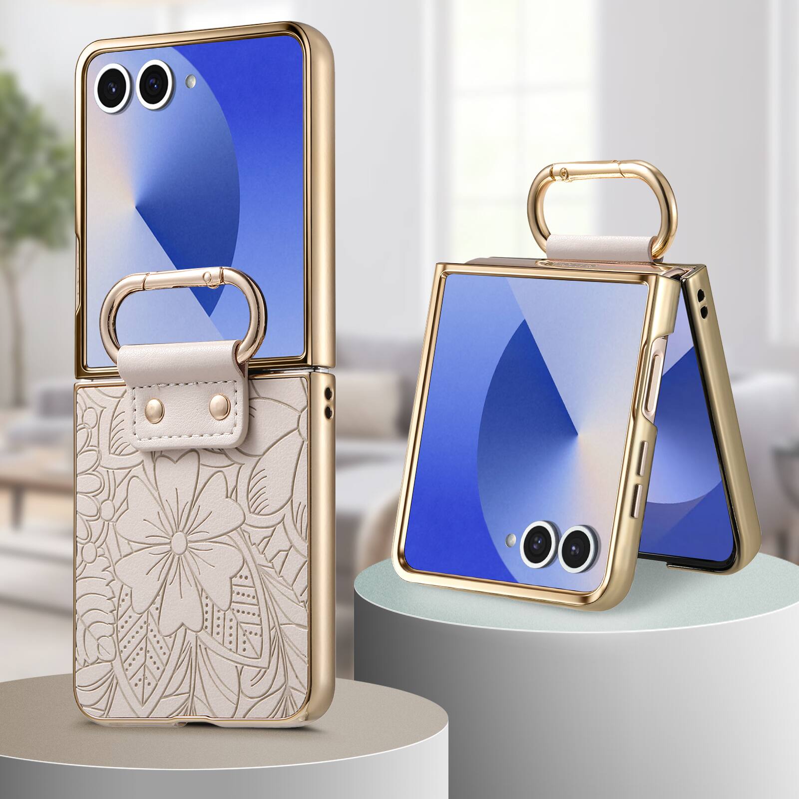 Left. Dteck - Shockproof Floral Leather Texture Case for Samsung Galaxy Z Flip8, Electroplated Rigid Plastic Cover with Ring Holder - Beige.