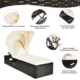 Kadyn - Outdoor Chaise Lounge Chair, Chaise Cushioned Top Canopy Patio Rattan Lounge Chair with Tea Table - White