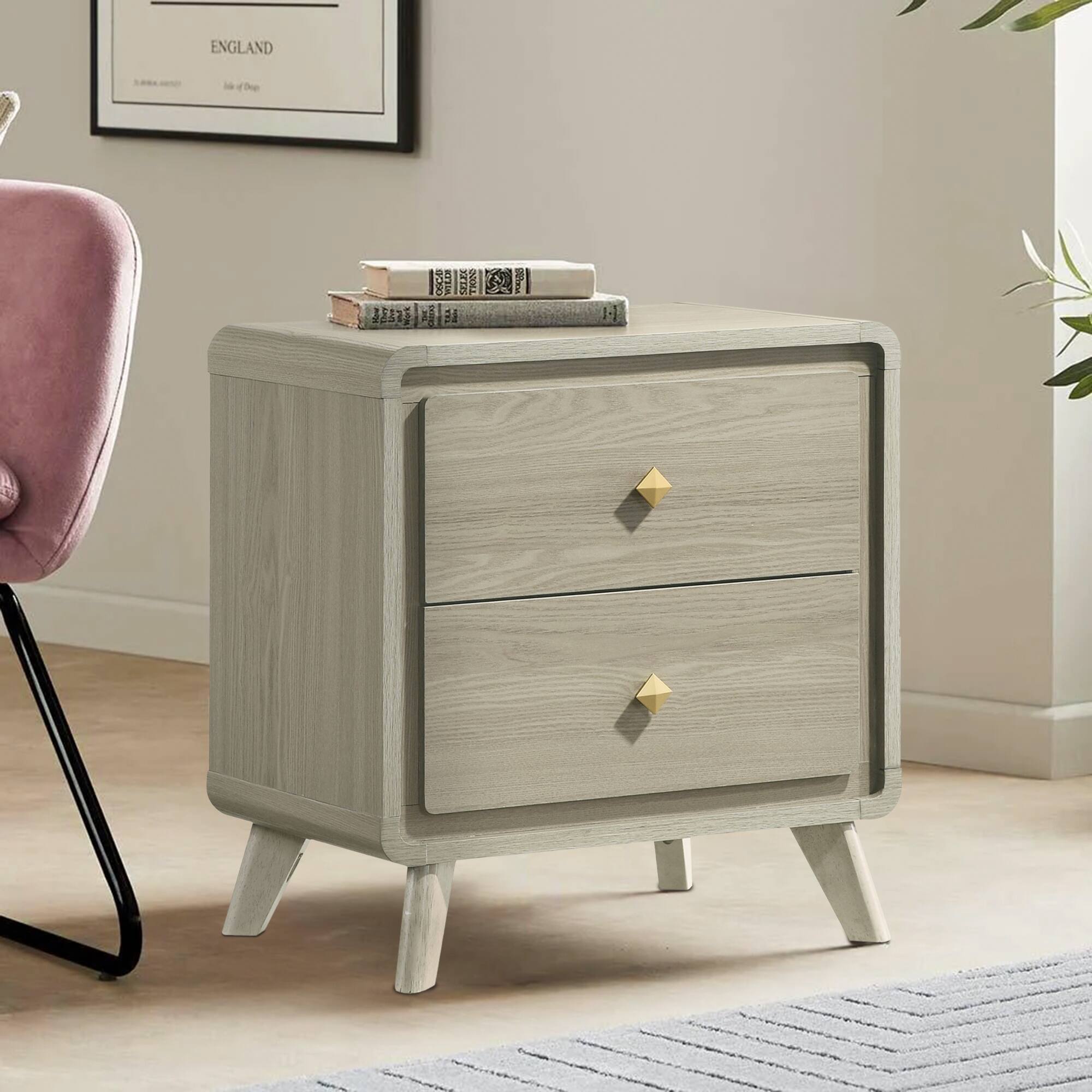 Back. Vaczon - 25" Nightstand with Storage, 2-Drawer Bedside Table for Bedroom Easy Slide - Gray.