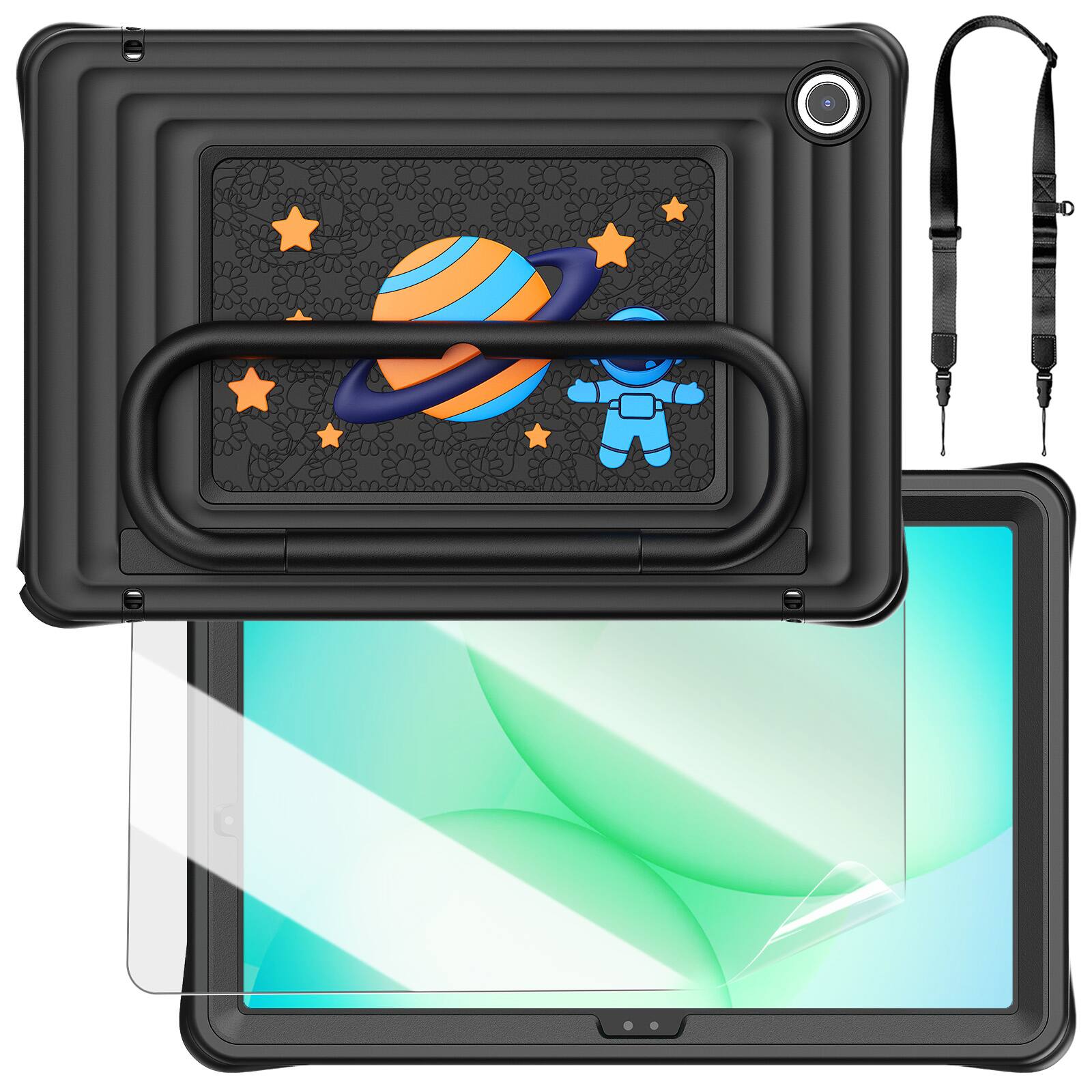 Front. Dteck - Kids Shockproof Case for Samsung Galaxy Tab A11+ 2025 & Galaxy Tab A9+ 2023 with Shoulder Strap,Heavy Duty Stand Cover - Black.