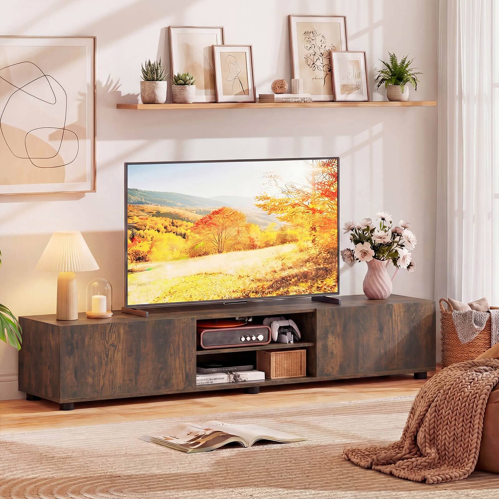 Alt View 1. Costway - Costway TV Stand for up to 70" TVs, Media Console Table with Double Doors & Open Shelves - Rustic Brown.
