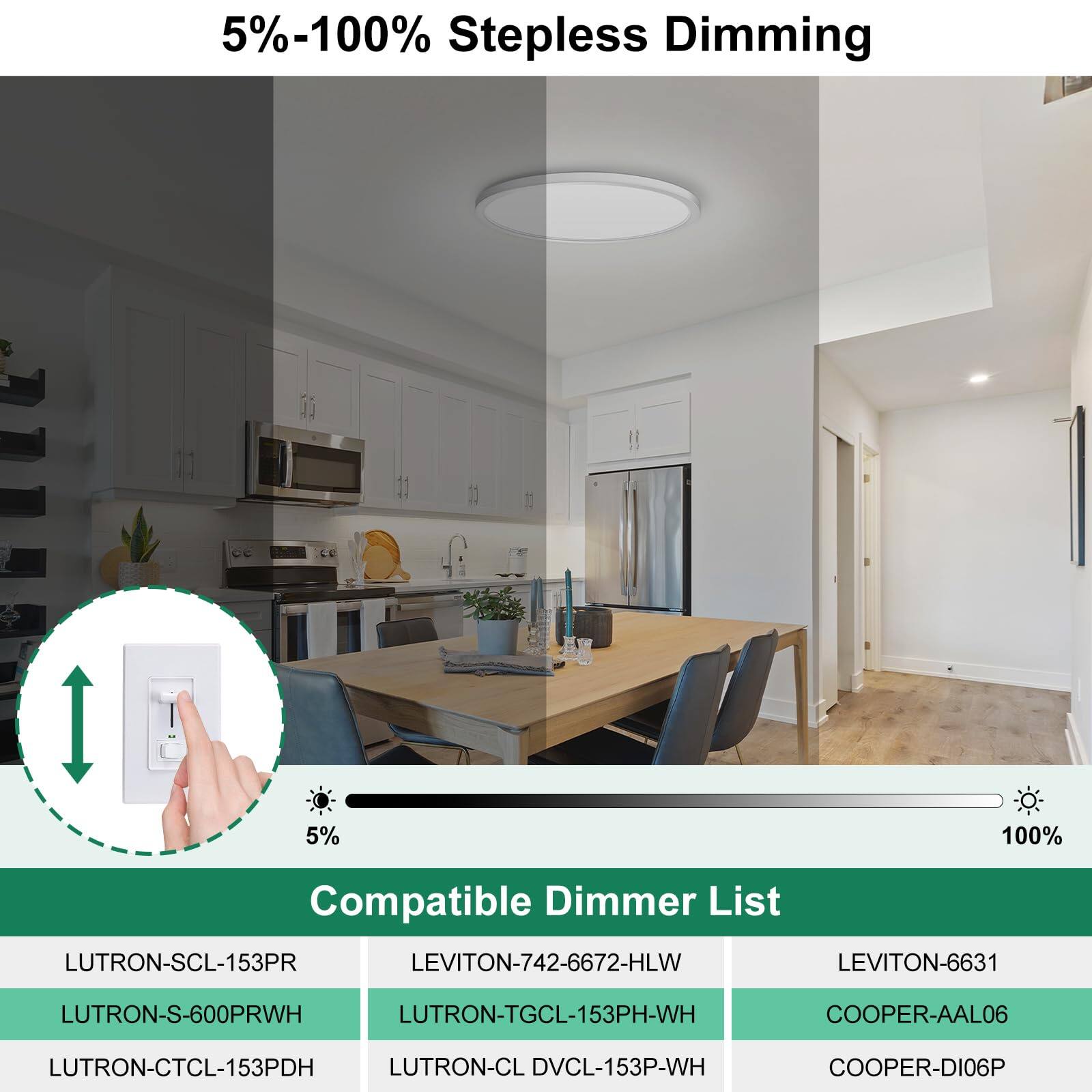 5%-100% Stepless Dimming

Compatible Dimmer List

- LUTRON-SCL-153PR
- LUTRON-S-600PRWH
- LUTRON-CTCL-153PDH
- LUTRON-CL DVCL-153P-WH
- LEVITON-742-6672-HLW
- LEVITON-6631
- COOPER-AAL06
- COOPER-DI06P