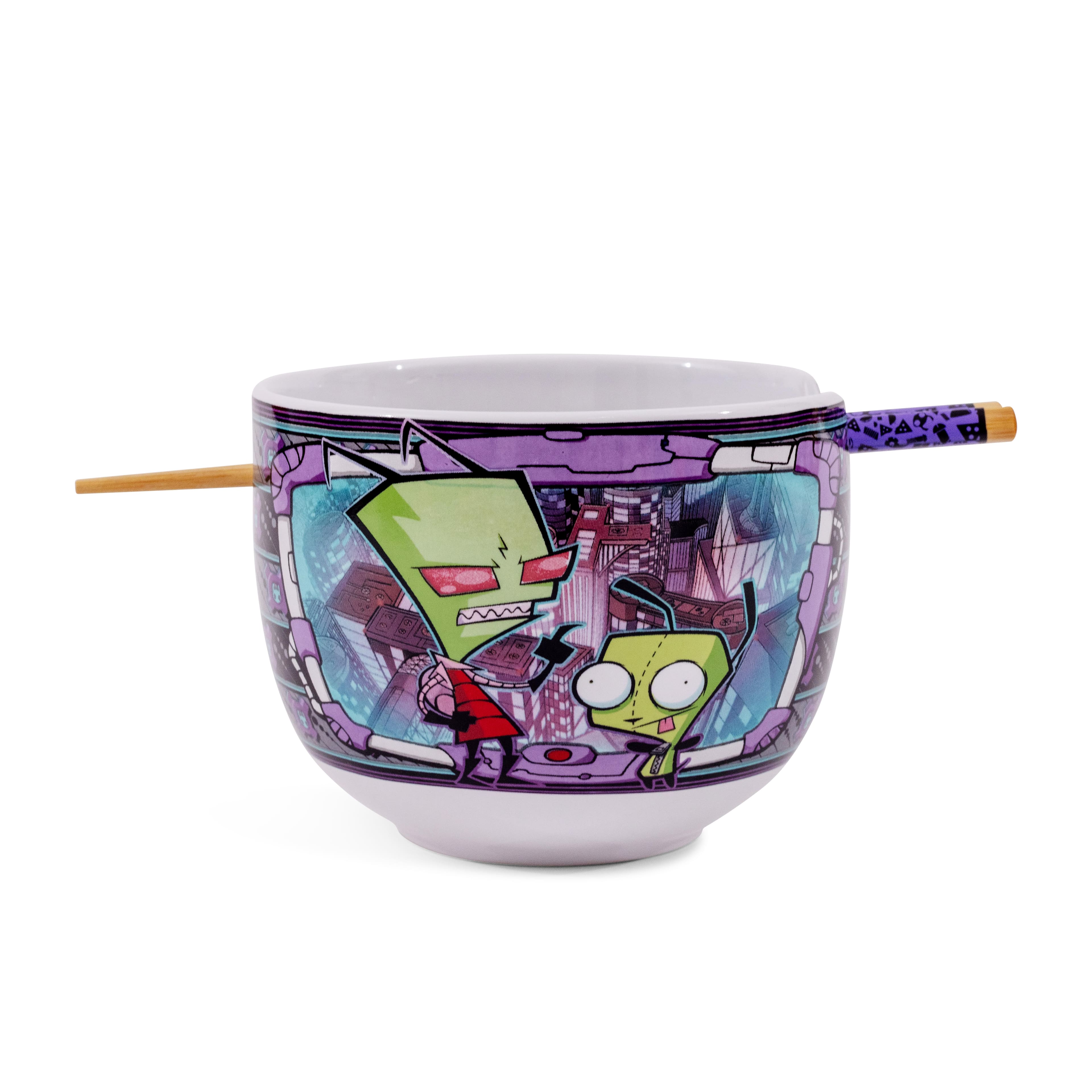 Front. Silver Buffalo - Invader Zim and GIR 20-Ounce Ceramic Ramen Bowl and Chopstick Set - Multicolored.