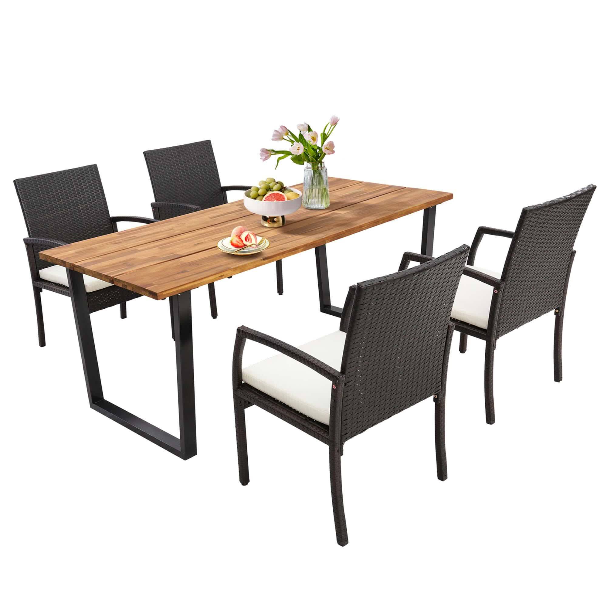 Costway - 5 PCS Patio Rattan Dining Set Acacia Wood Table 4 Wicker Chairs with Umbrella Hole - Mix Brown/Off White/Natural/Black price history on PriceWatchPro