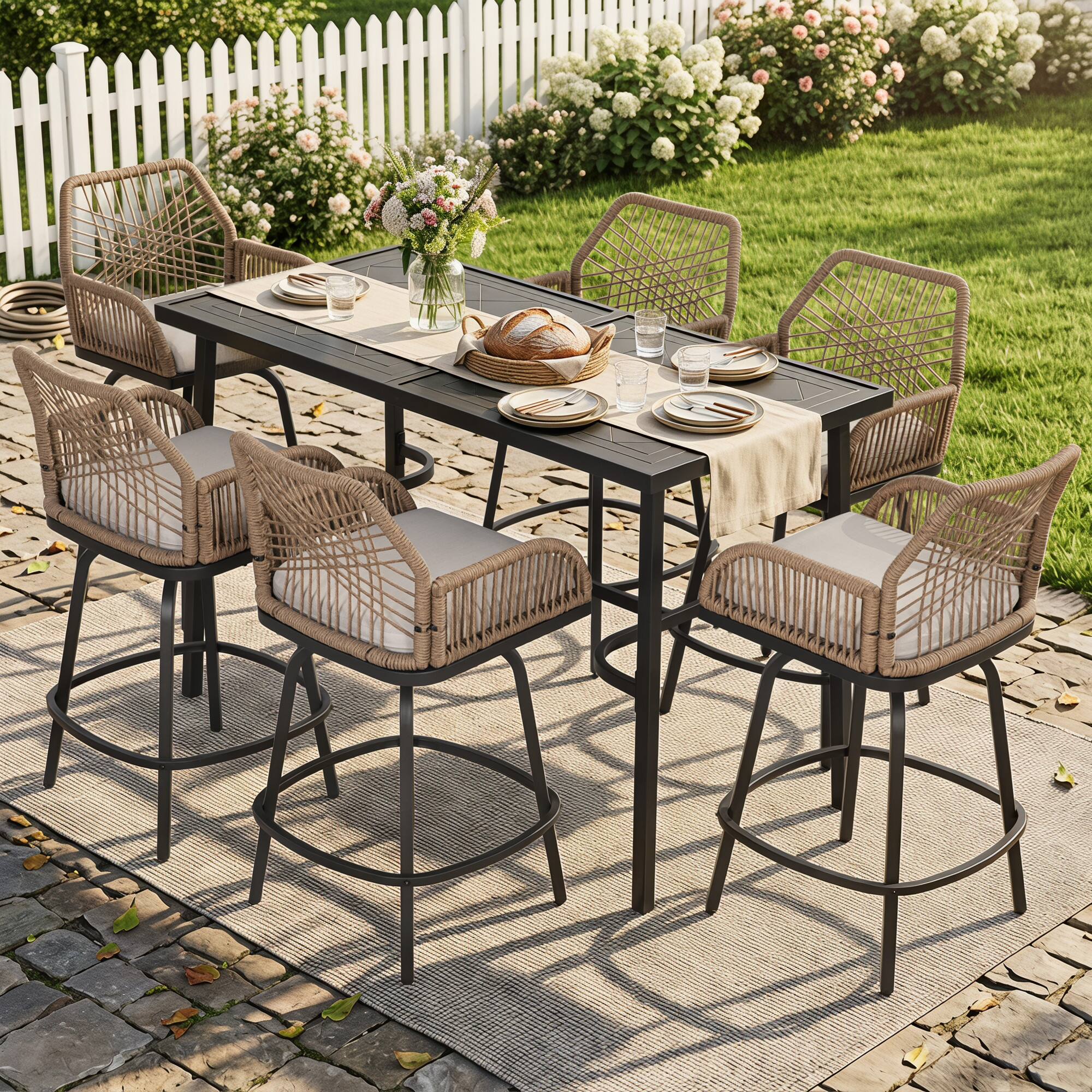 Angle. Nuu Garden - 7-Piece Outdoor Bar Set, Twisted Rattan Swivel Chairs with Cushions - Brown and Black.