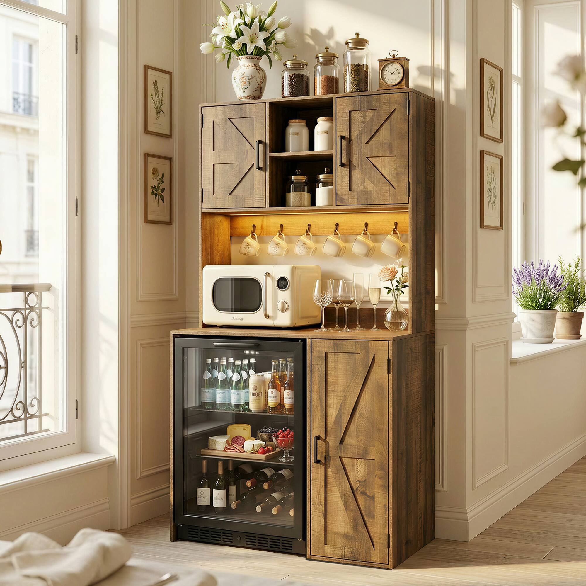 Aheaplus - Mini Fridge Coffee Bar Cabinet: with Outlet & LED Lights, Microwave Shelf, Beverage Station for Kitchen Dorm Office - Brown