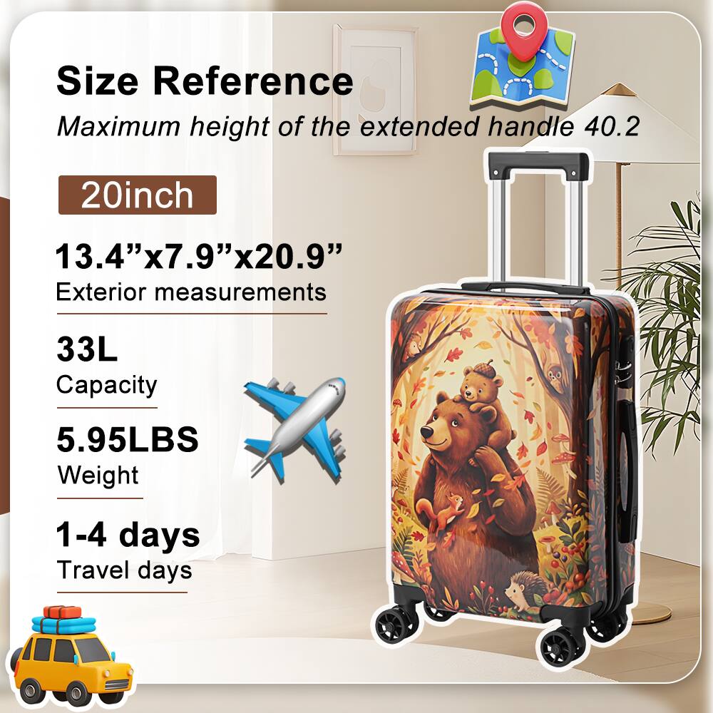 Size Reference  
Maximum height of the extended handle 40.2  
20inch  
13.4" x 7.9" x 20.9"  
Exterior measurements  
33L  
Capacity  
5.95LBS  
Weight  
1-4 days  
Travel days