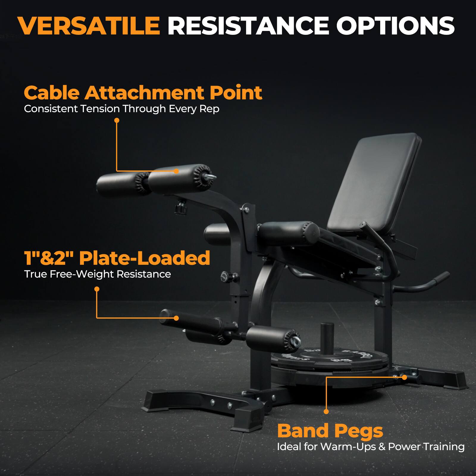 VERSATILE RESISTANCE OPTIONS

- Cable Attachment Point
  - Consistent Tension Through Every Rep

- 1" & 2" Plate-Loaded
  - True Free-Weight Resistance

- Band Pegs
  - Ideal for Warm-Ups & Power Training