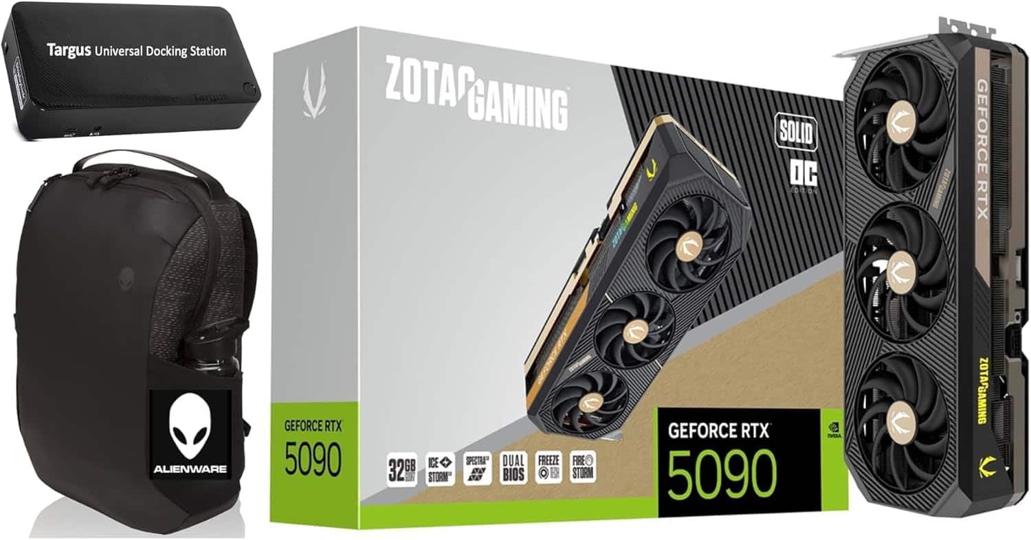 ZOTAC - Gaming RTX 5090 Solid OC 32GB GDDR7, 2422 MHz, Metal Mid-Frame, IceStorm 3.0 Cooling, Targus Dock & Alienware Bag