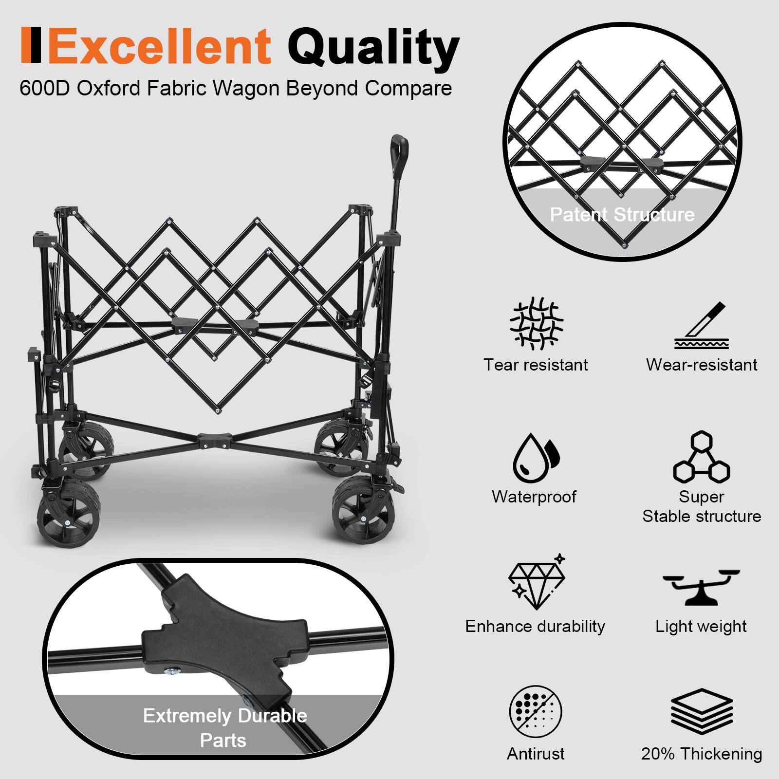Excellent Quality  
600D Oxford Fabric Wagon Beyond Compare  

- Patent Structure  
- Tear resistant  
- Wear-resistant  
- Waterproof  
- Super Stable structure  
- Enhance durability  
- Light weight  
- Extremely Durable Parts  
- Antirust  
- 20% Thickening