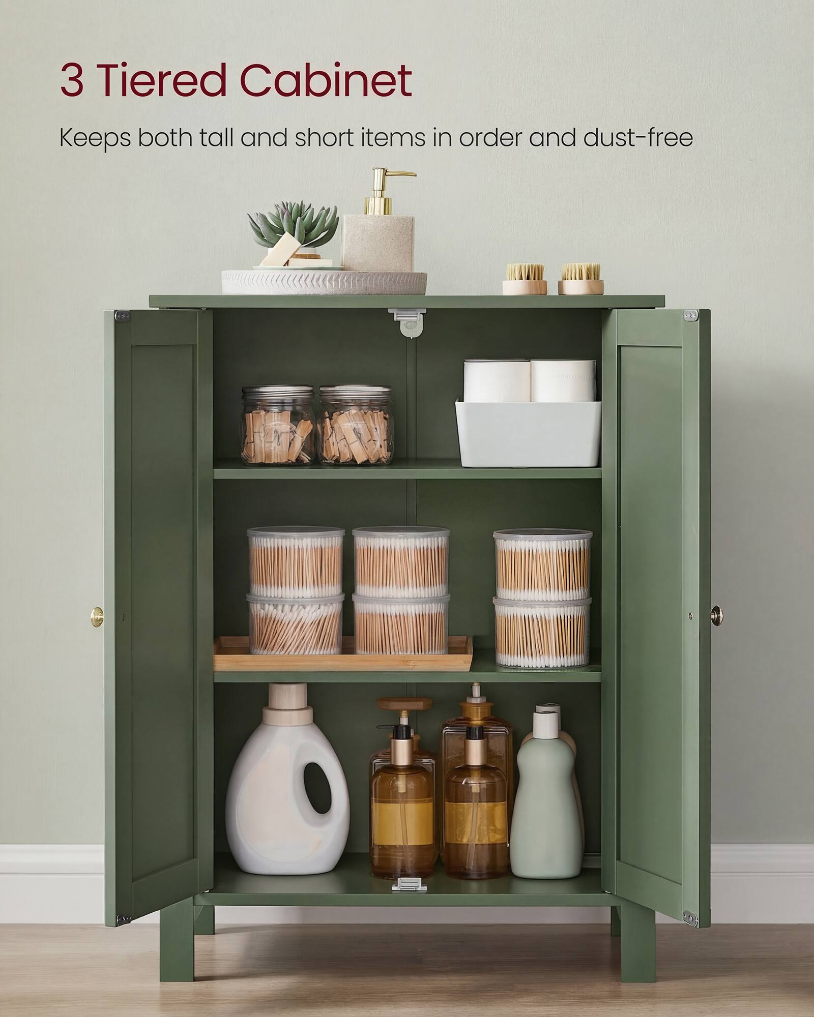 3 Tiered Cabinet  
Keeps both tall and short items in order and dust-free