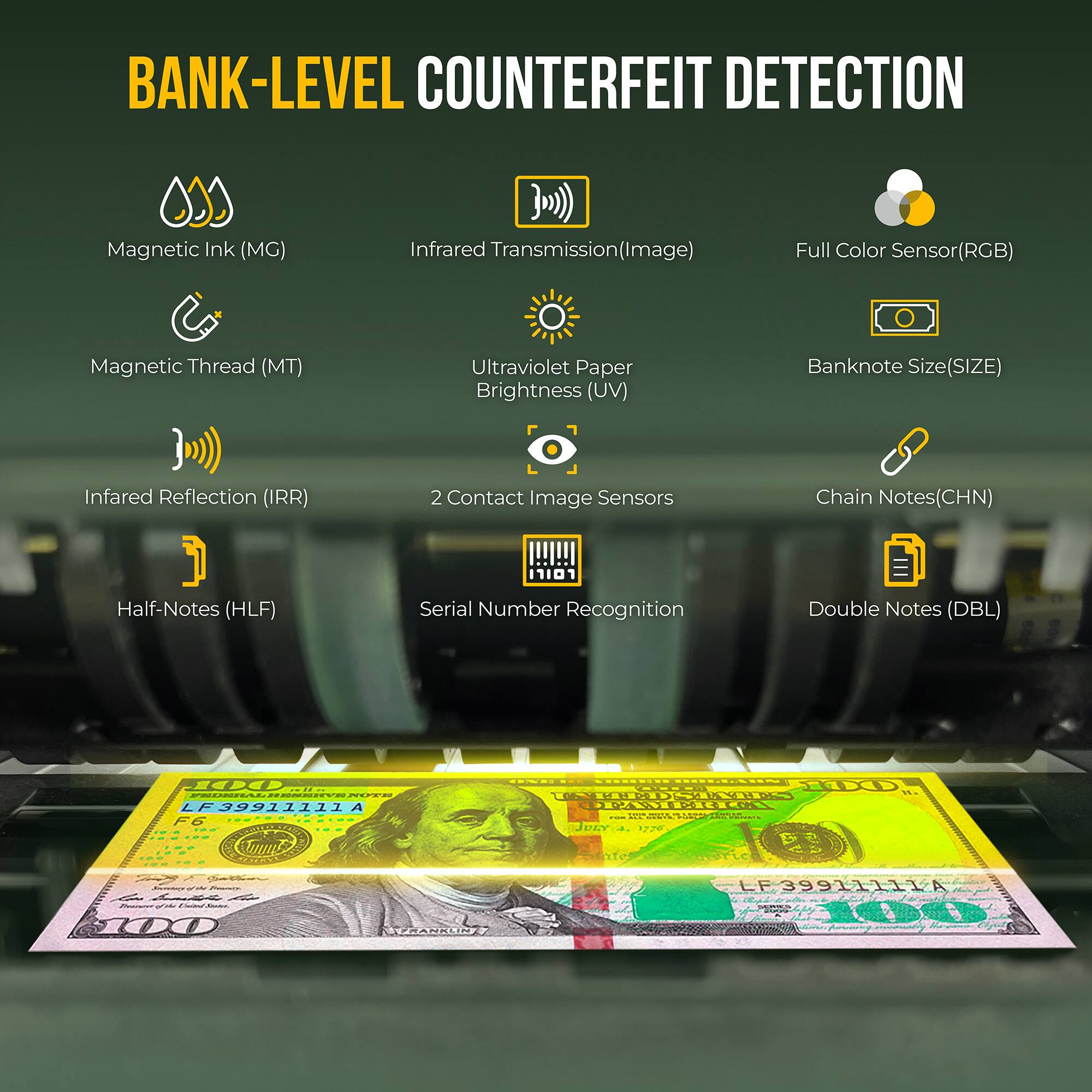 BANK-LEVEL COUNTERFEIT DETECTION

- Magnetic Ink (MG)
- Infrared Transmission (Image)
- Full Color Sensor (RGB)
- Magnetic Thread (MT)
- Ultraviolet Paper Brightness (UV)
- Banknote Size (SIZE)
- Infrared Reflection (IRR)
- 2 Contact Image Sensors
- Chain Notes (CHN)
- Half-Notes (HLF)
- Serial Number Recognition
- Double Notes (DBL)

LF 39911111A
F6
UELOLDE
CODARERLL
PP
JUAa
1220
100
WARUA
LF 3991111A