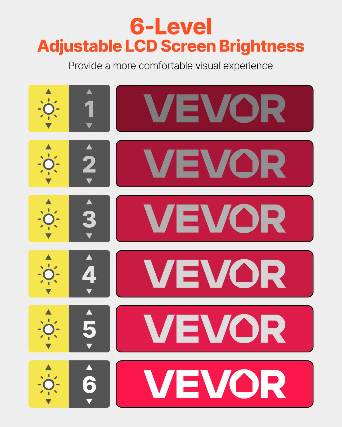 6-Level Adjustable LCD Screen Brightness  
Provide a more comfortable visual experience  

1 VEVOR  
2 VEVOR  
3 VEVOR  
4 VEVOR  
5 VEVOR  
6 VEVOR
