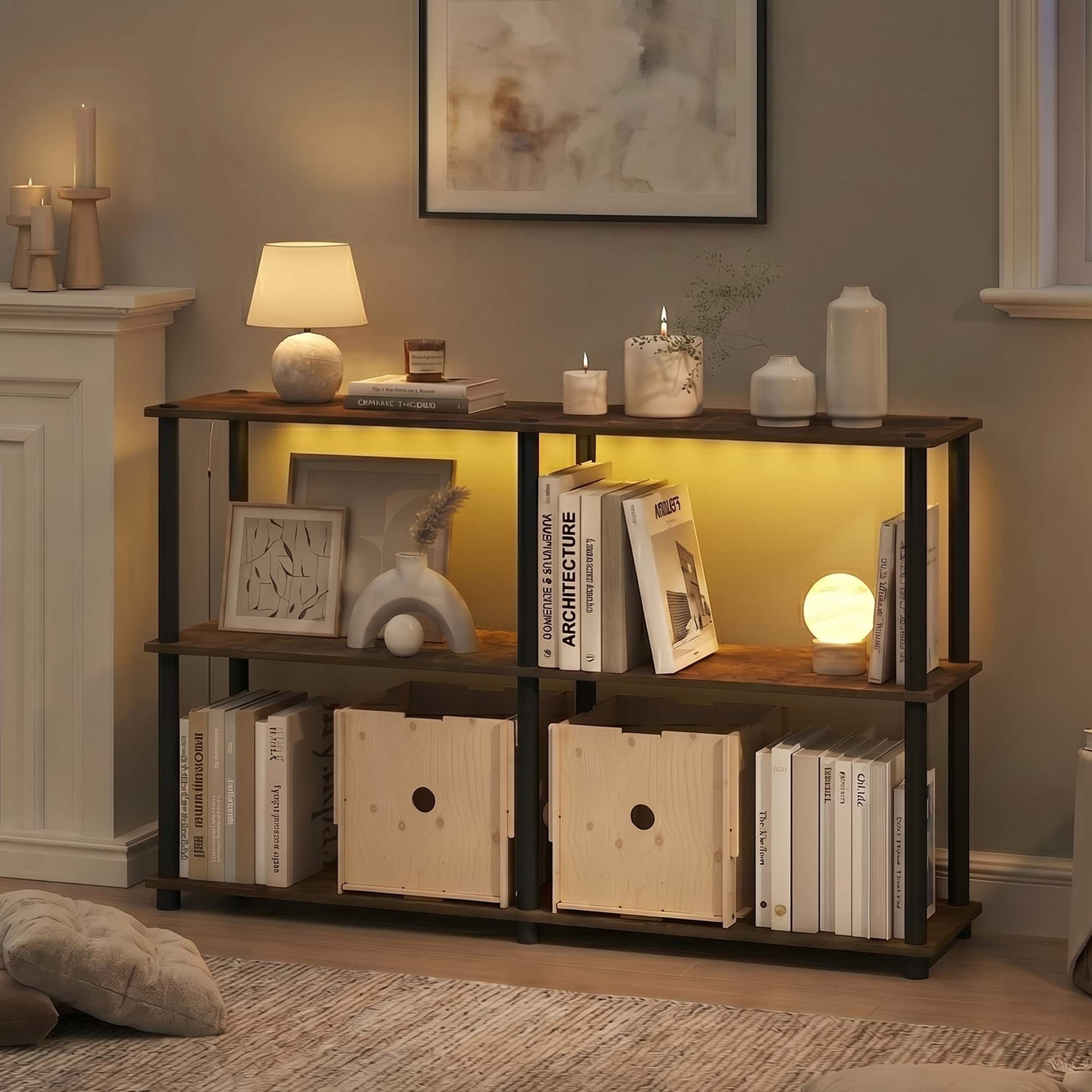 Furinno - TURN-N-TUBE Display Shelf with LED Lights, 3-Tier 47.4 Wide LED Book Shelf, Corner Shelf, Toolless Open Shelves - Amber Pine/Black
