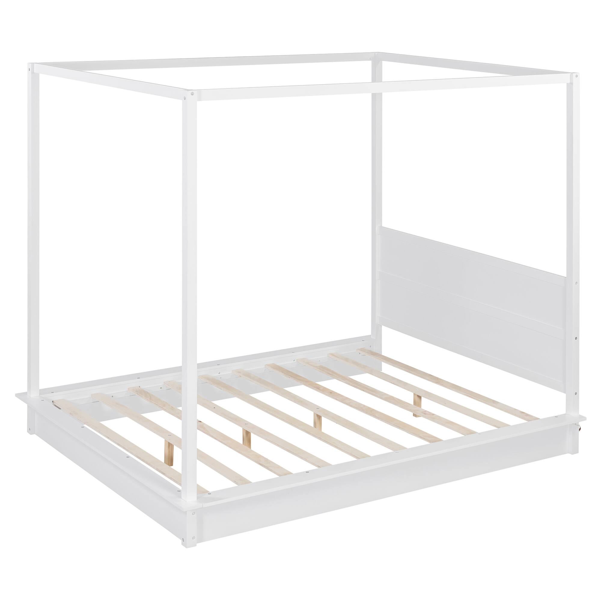 Alt View 6. GOODSILO - Queen Size Wooden LED Canopy Platform Bed with Support Slats, No Box Spring Needed, Modern Design - White.